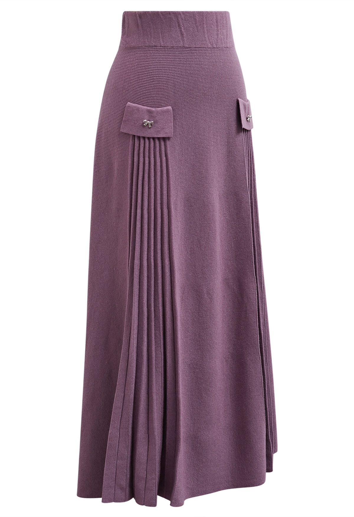 Little Bow Decorated Pleats Knit Maxi Skirt in Lilac