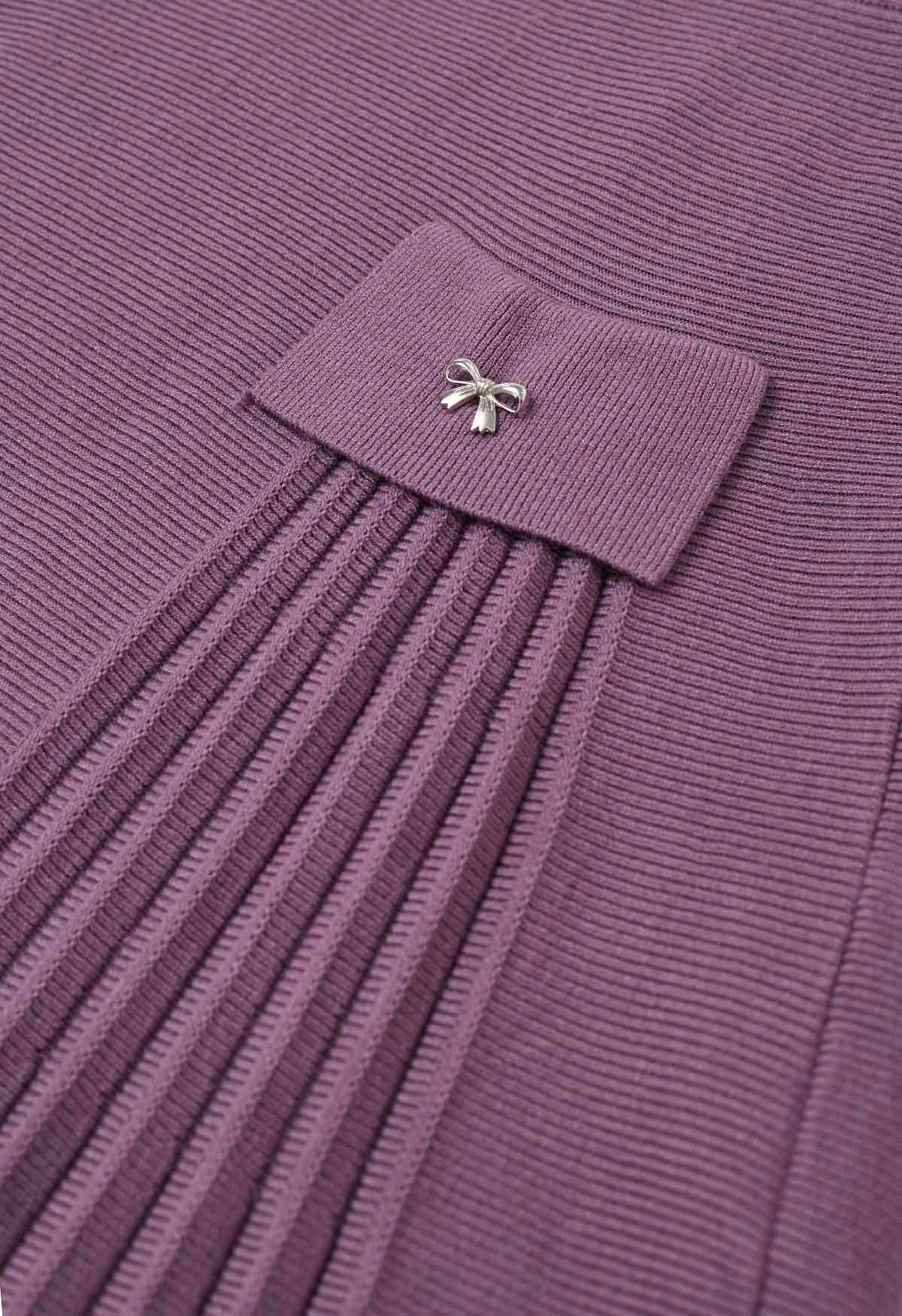 Little Bow Decorated Pleats Knit Maxi Skirt in Lilac