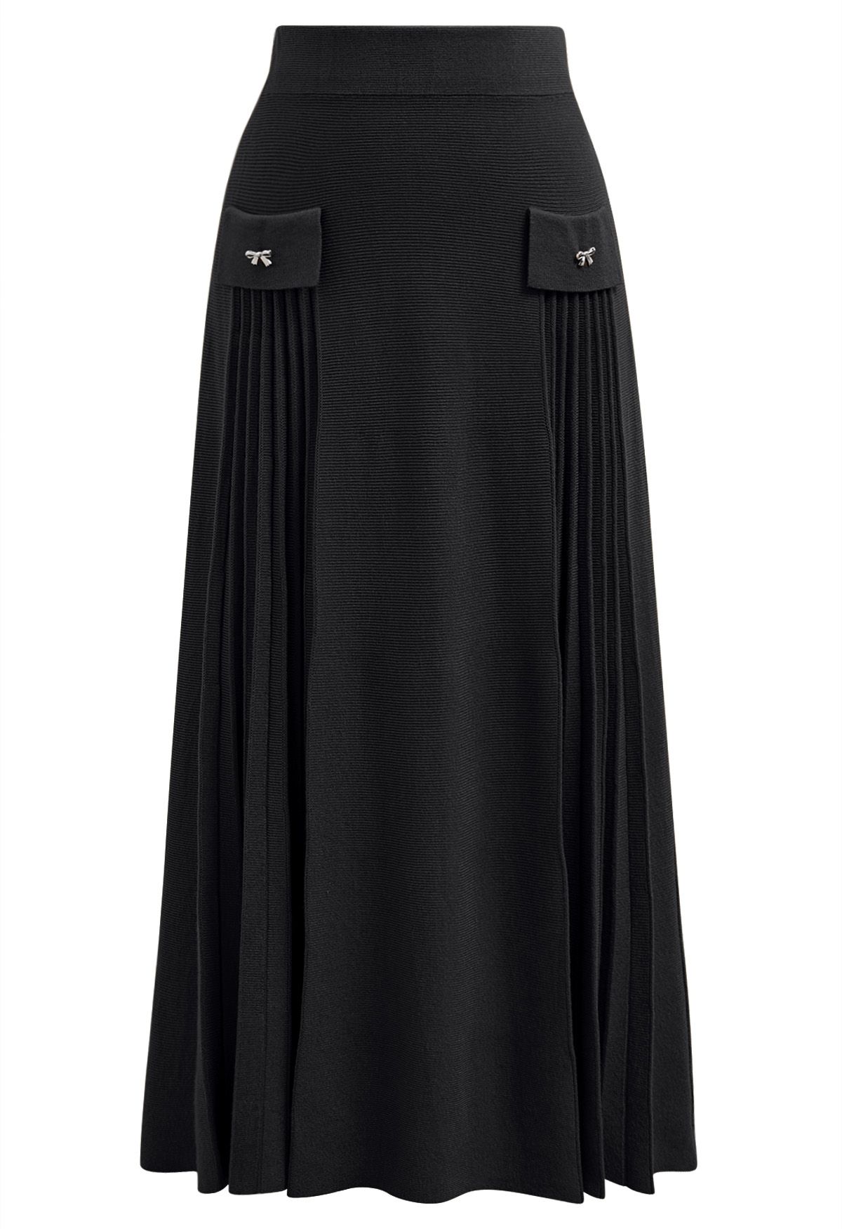 Little Bow Decorated Pleats Knit Maxi Skirt in Black