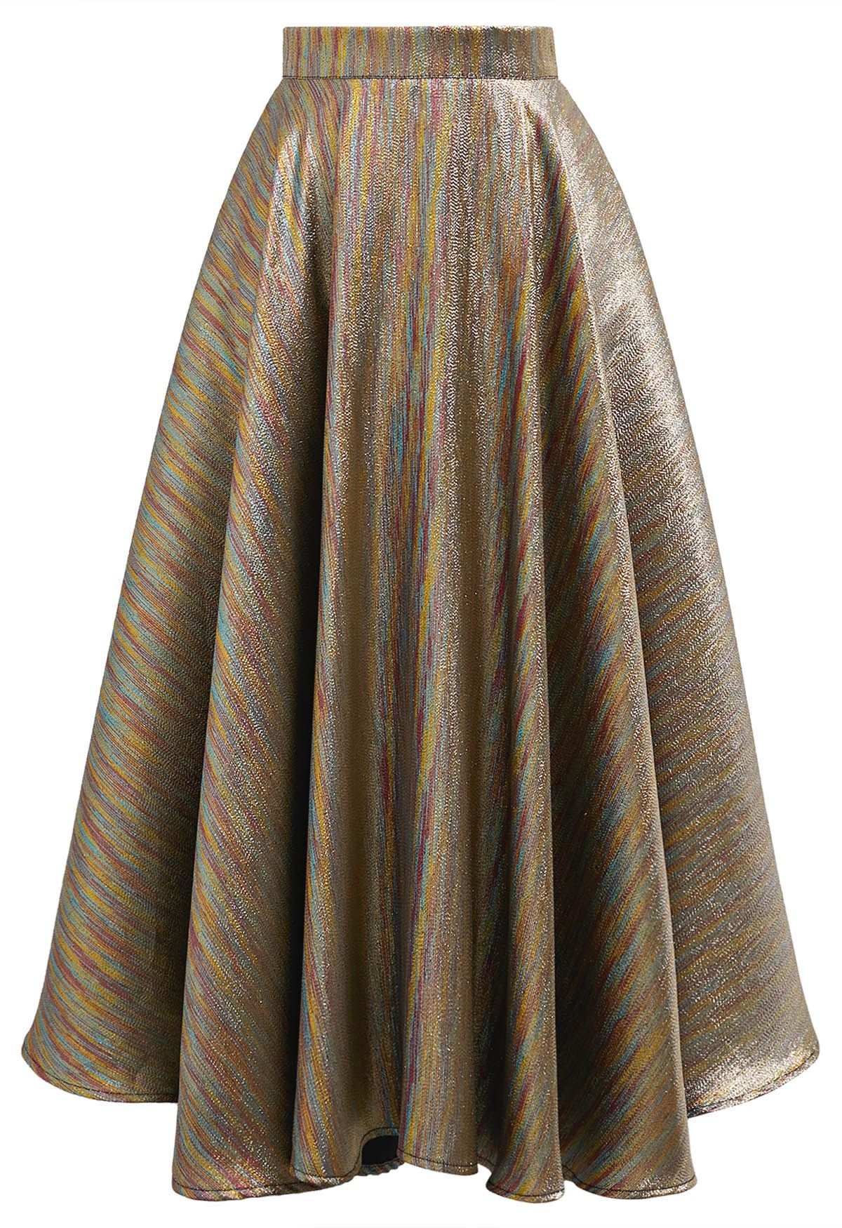 Shimmery Rainbow Bias Cut Asymmetric Flare Skirt