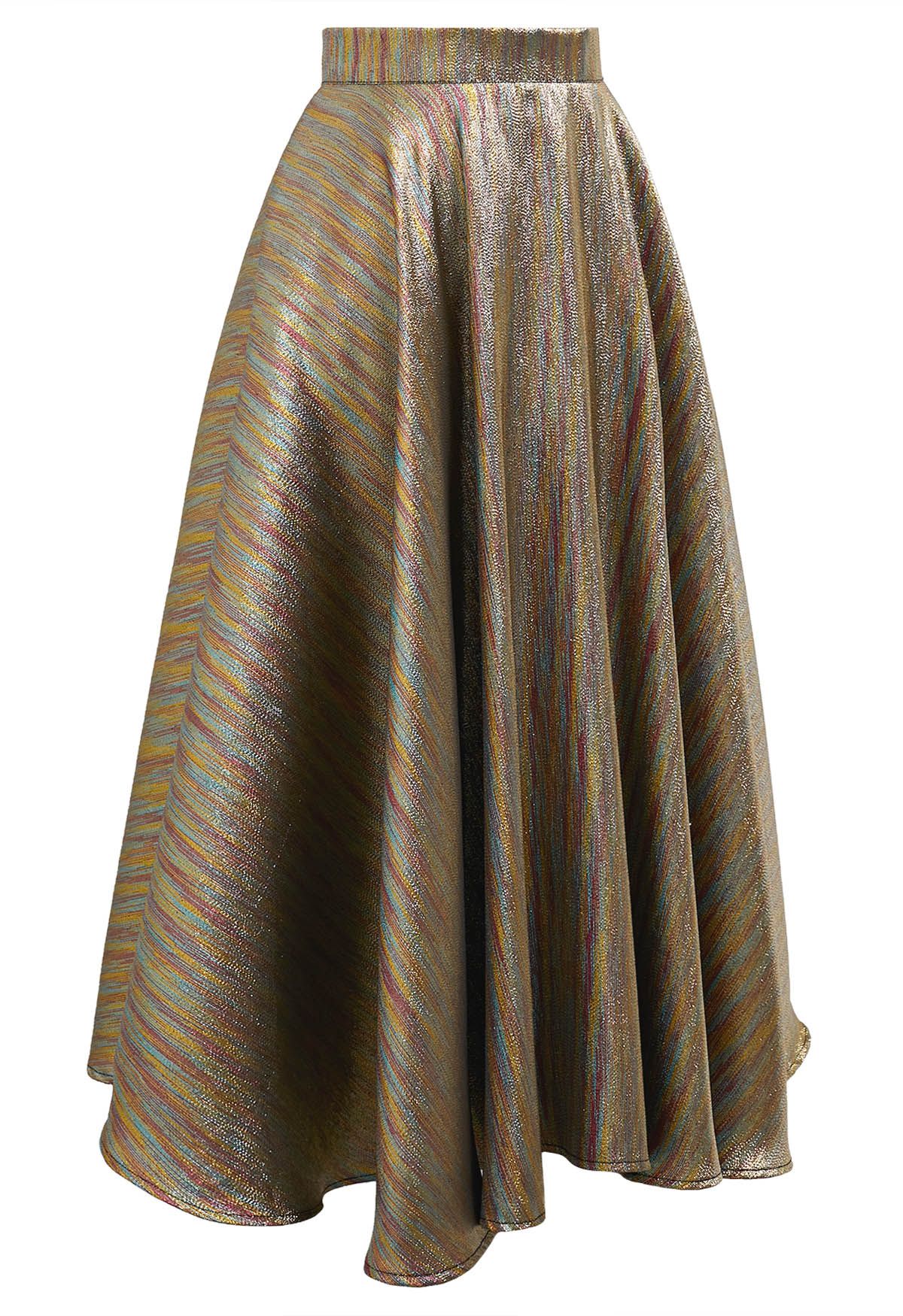 Shimmery Rainbow Bias Cut Asymmetric Flare Skirt