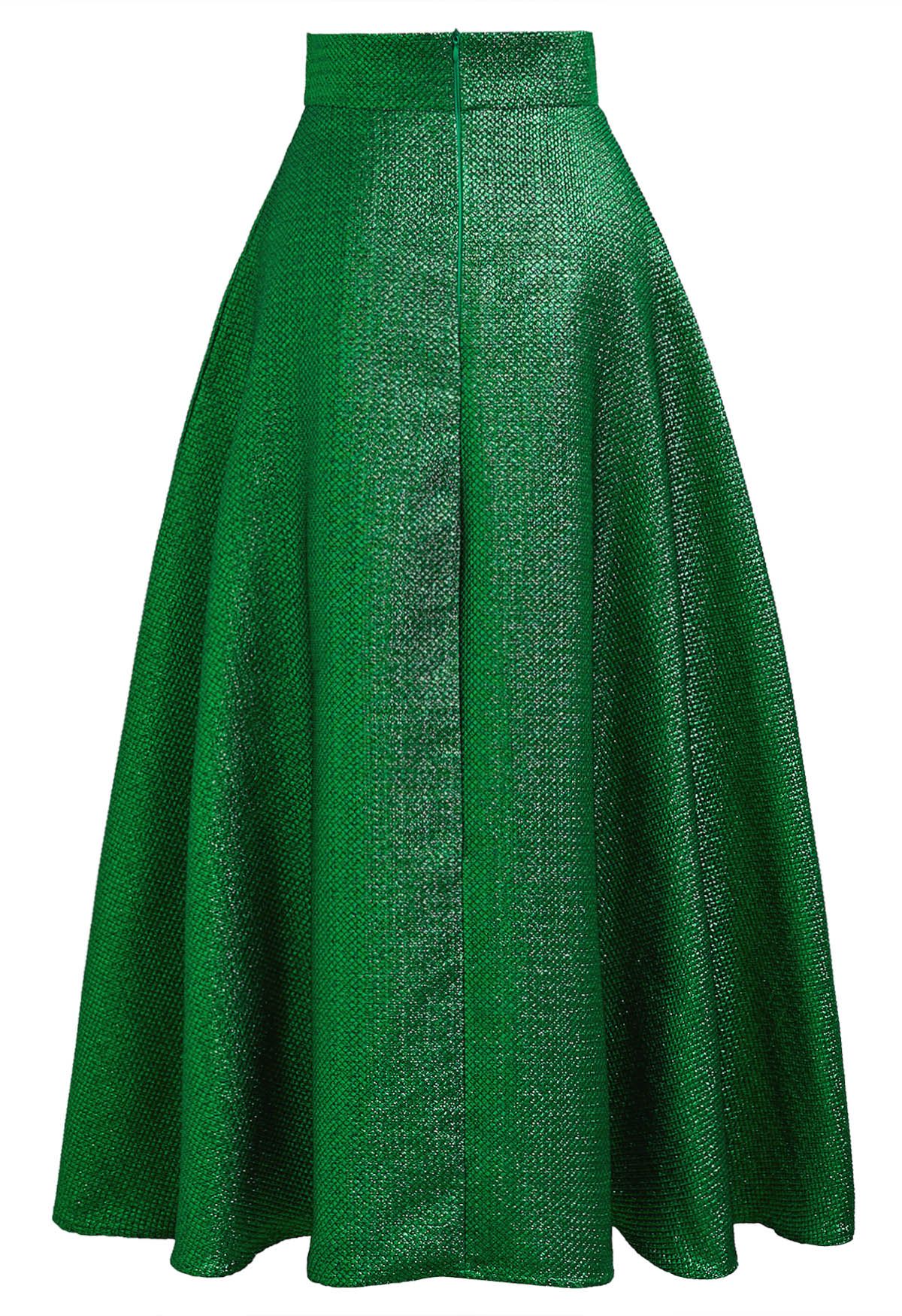 Metallic Embossed Belted A-Line Maxi Skirt in Green