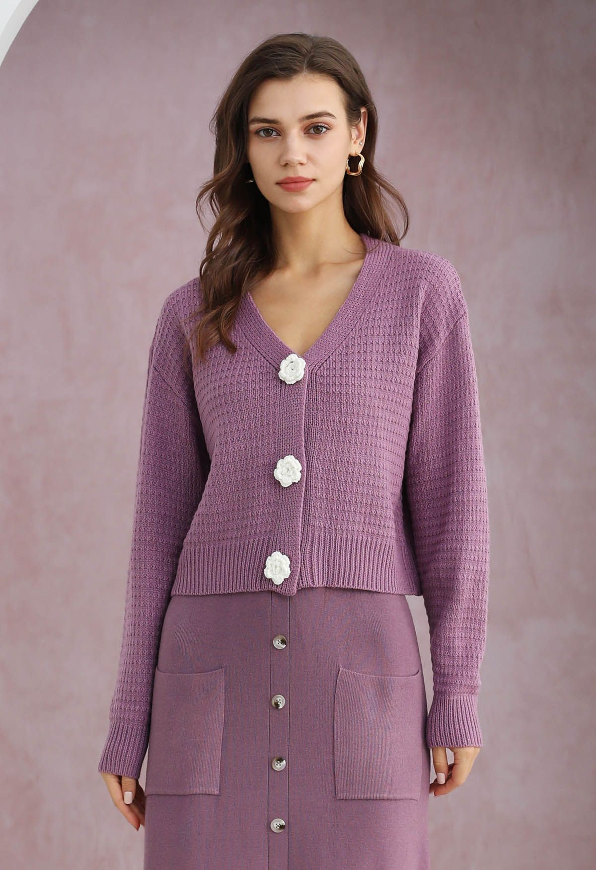 Stitch Rose Buttoned Crop Knit Cardigan in Lilac