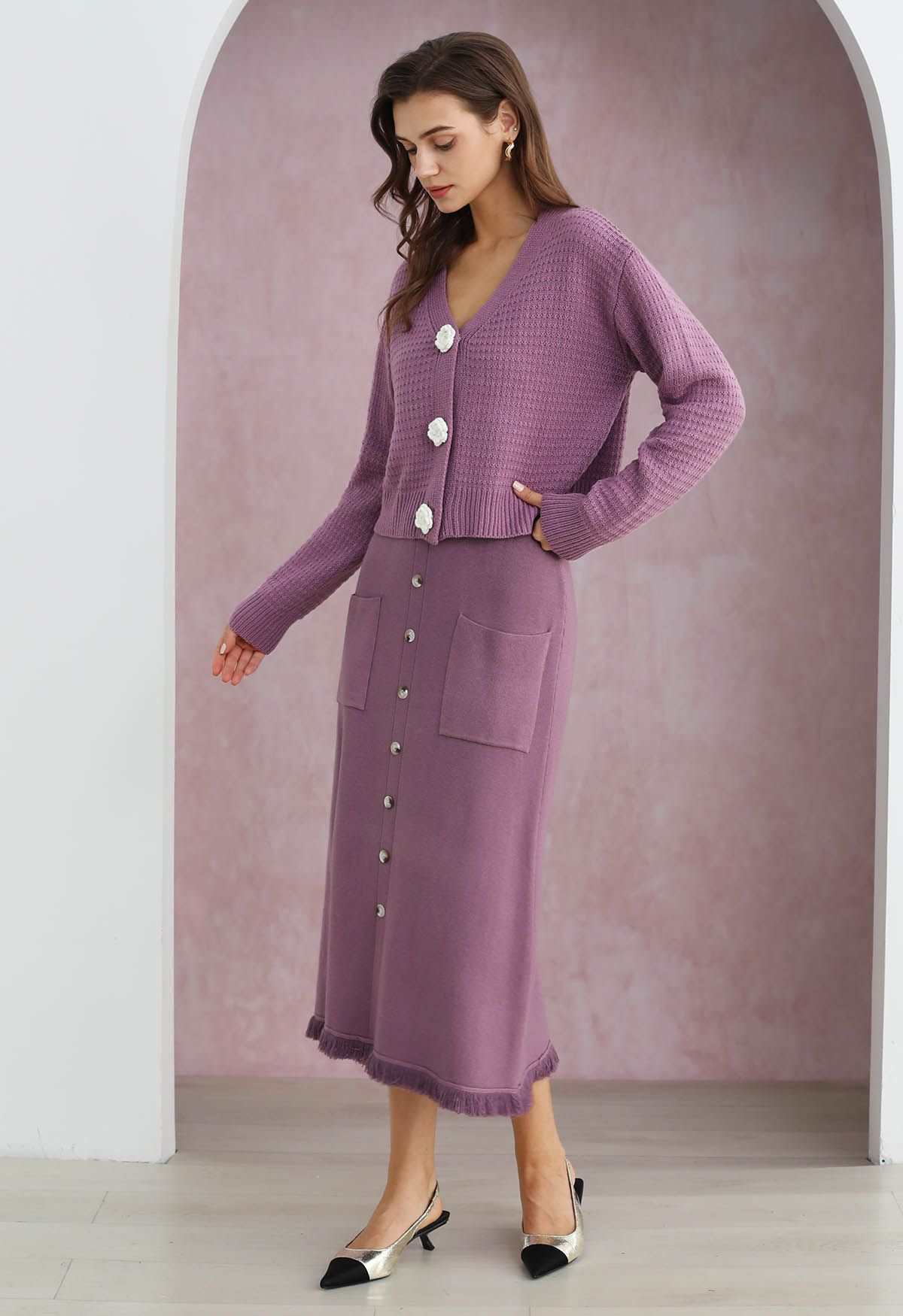 Stitch Rose Buttoned Crop Knit Cardigan in Lilac