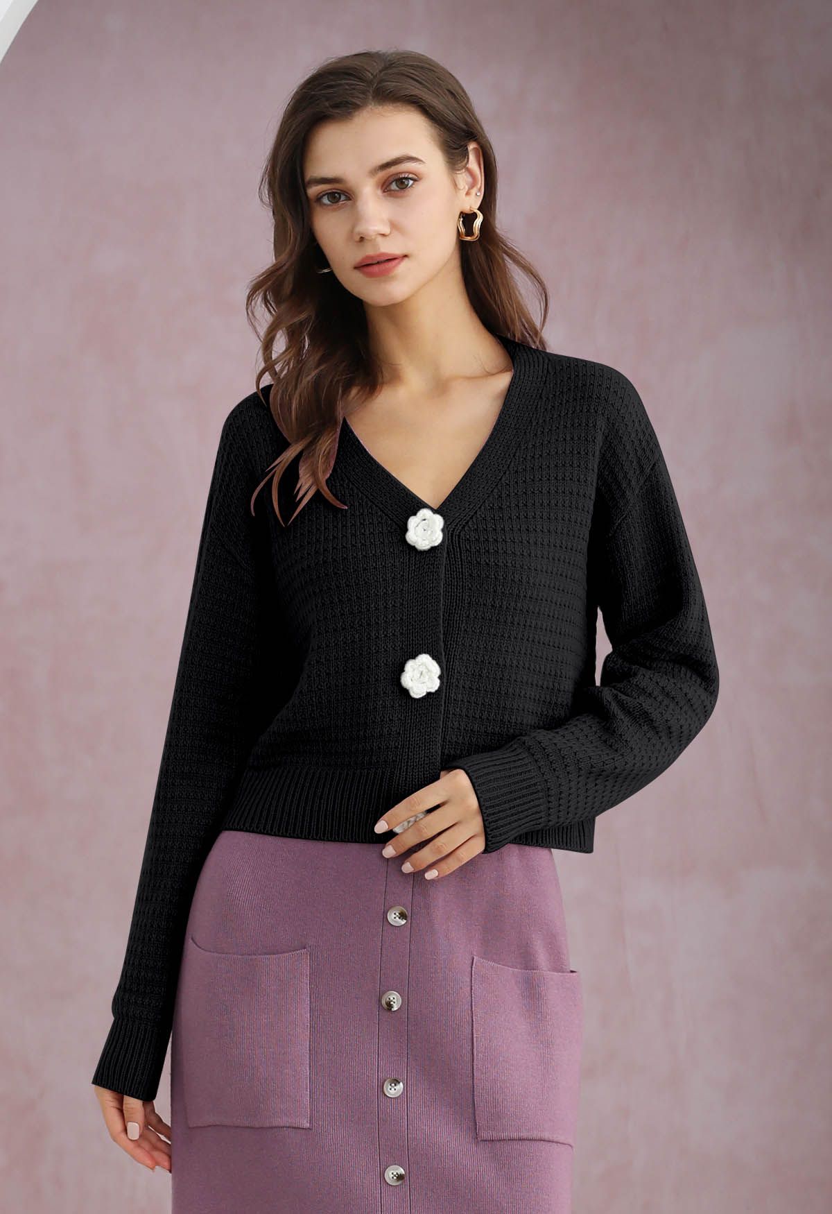 Stitch Rose Buttoned Crop Knit Cardigan in Black