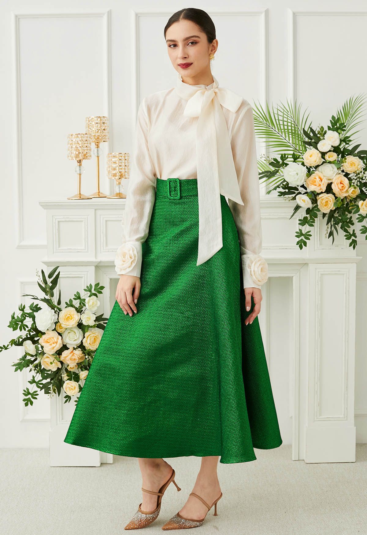 Metallic Embossed Belted A-Line Maxi Skirt in Green