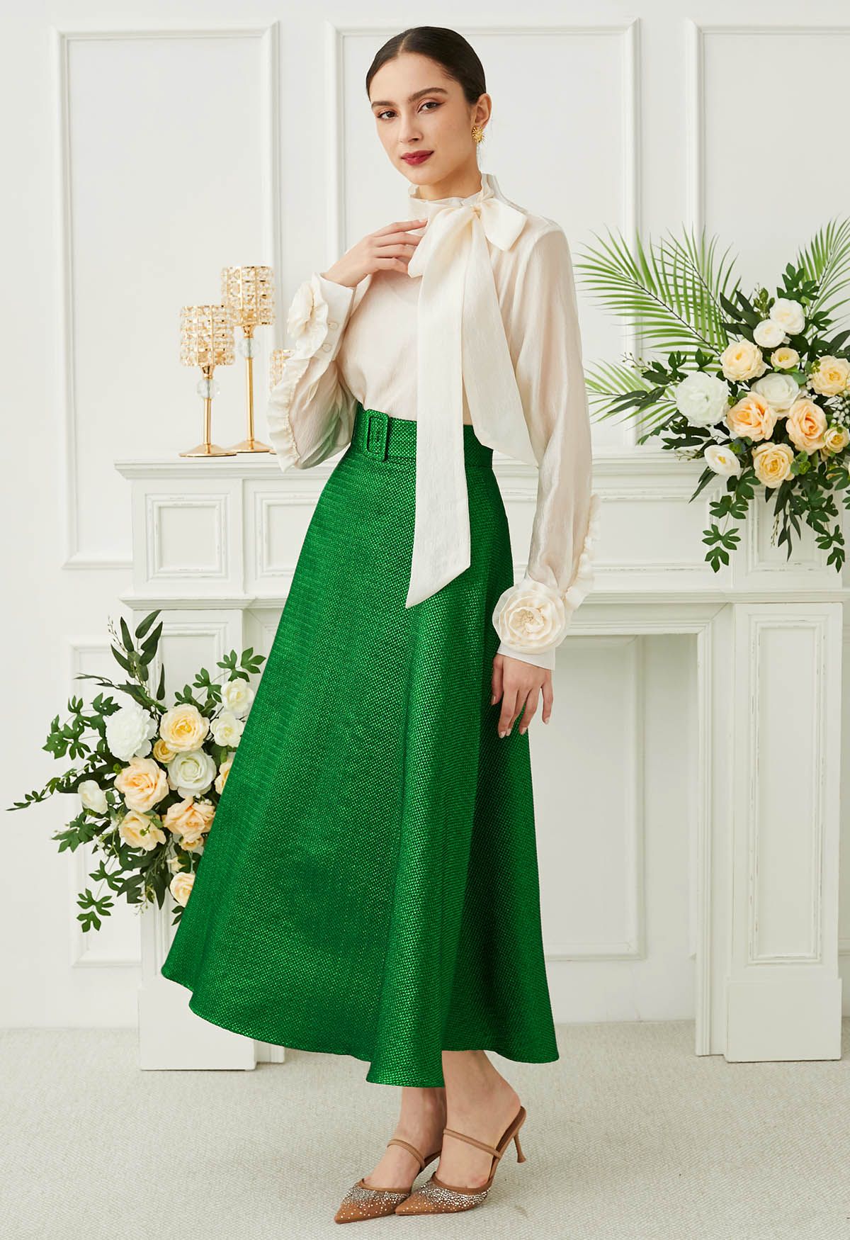 Metallic Embossed Belted A-Line Maxi Skirt in Green