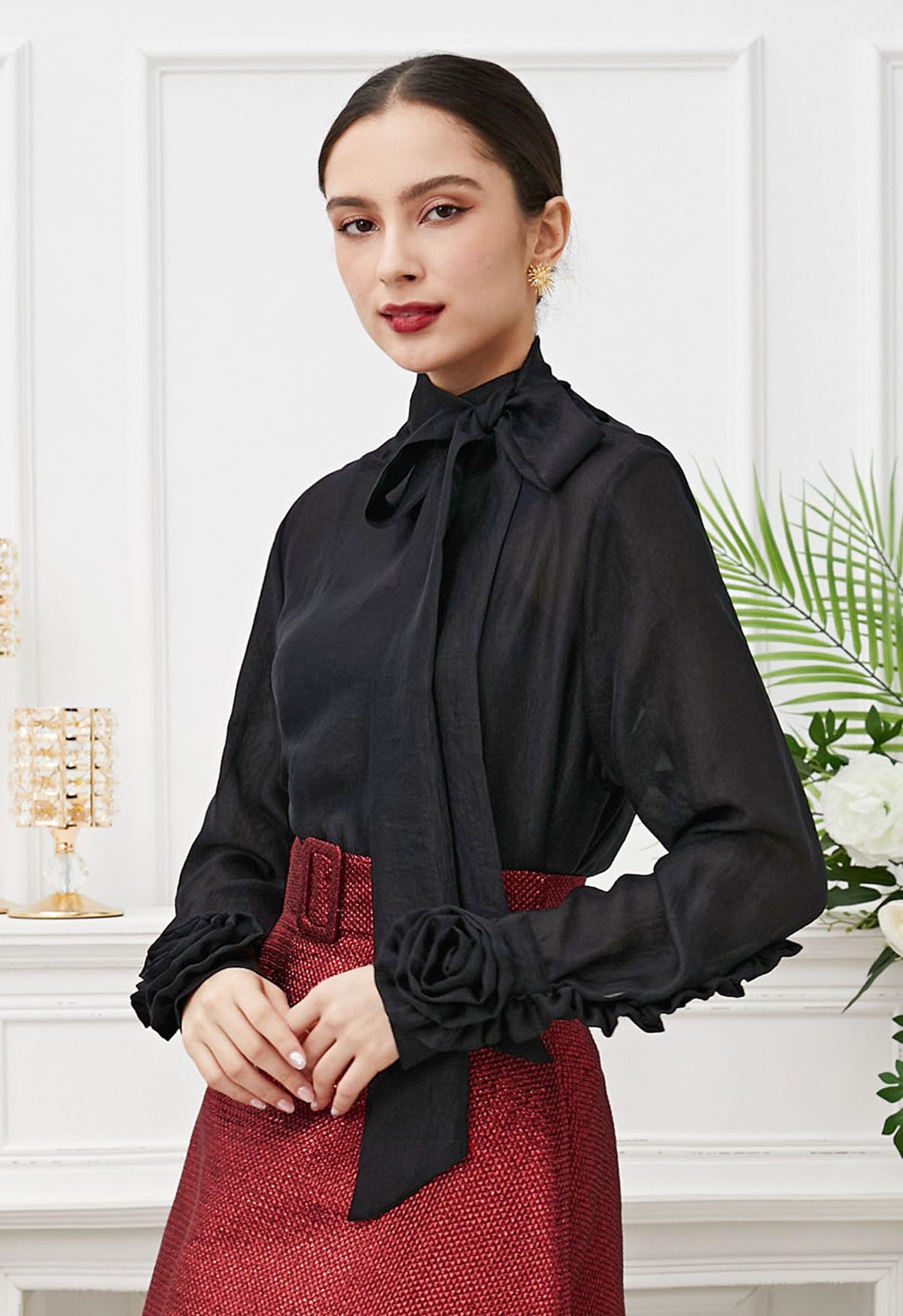 Bowknot Neckline Rose Cuff Sheer Top in Black