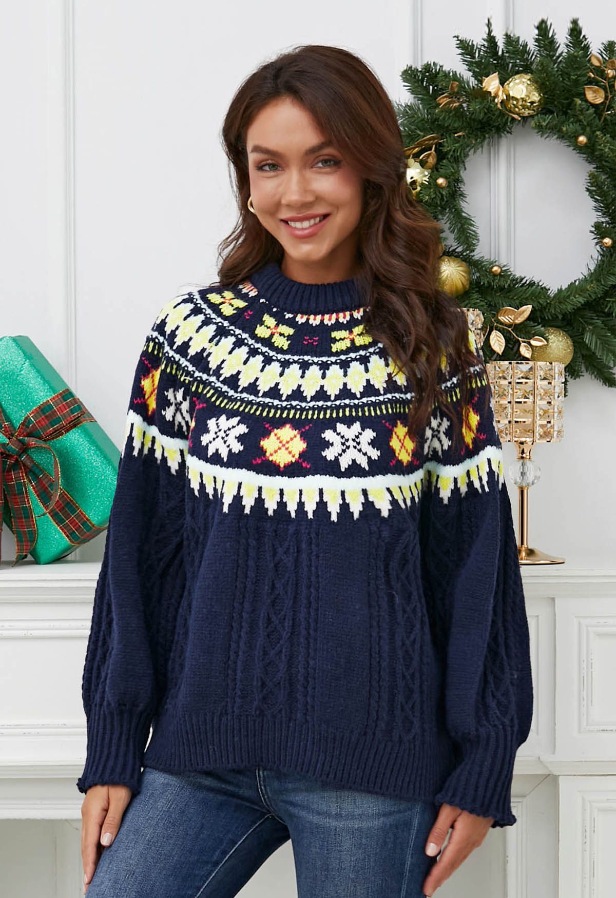 Fair Isle Puff Sleeves Braid Knit Sweater in Navy