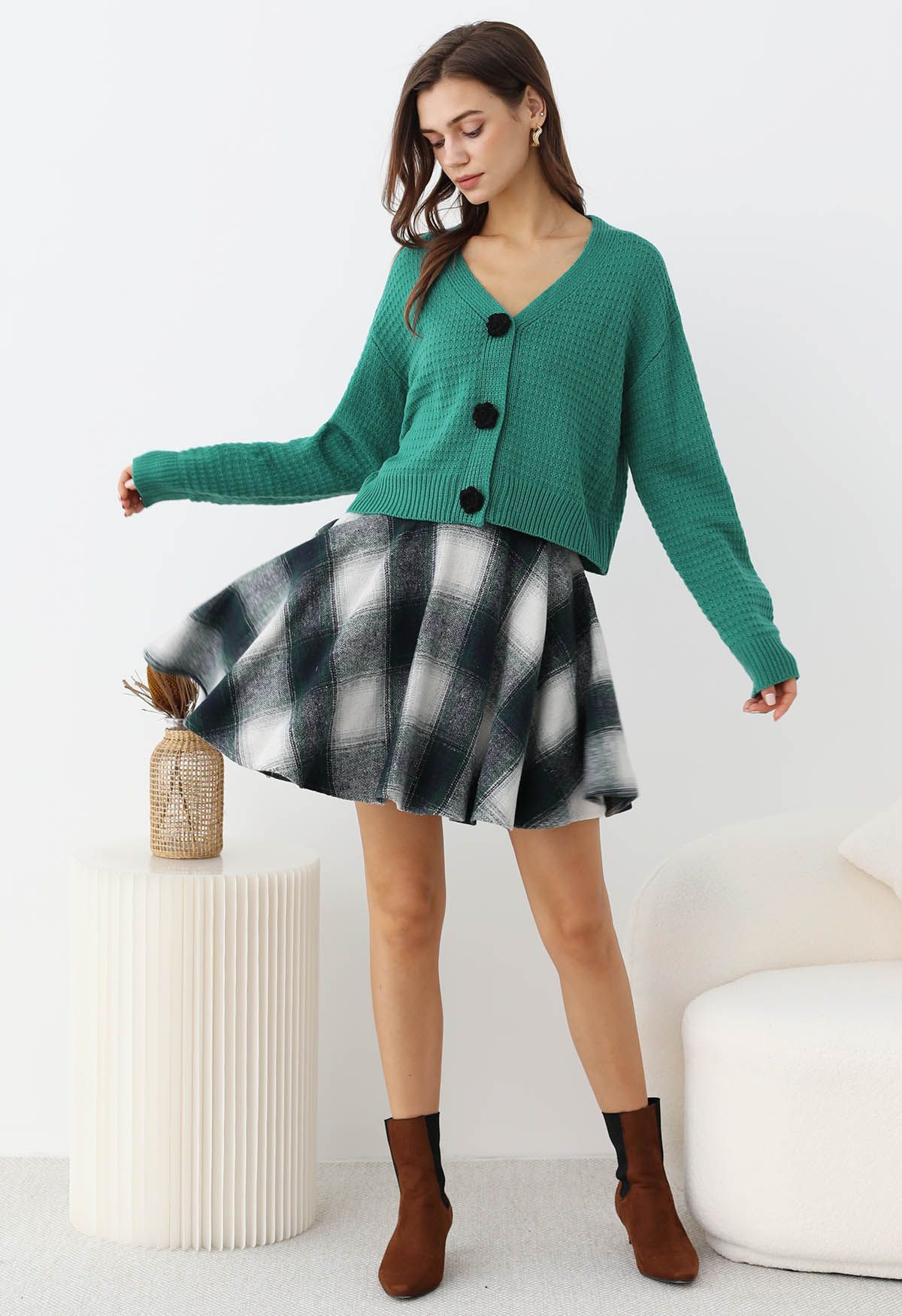 Warm Wishes Plaid Flare Mini Skirt in Dark Green