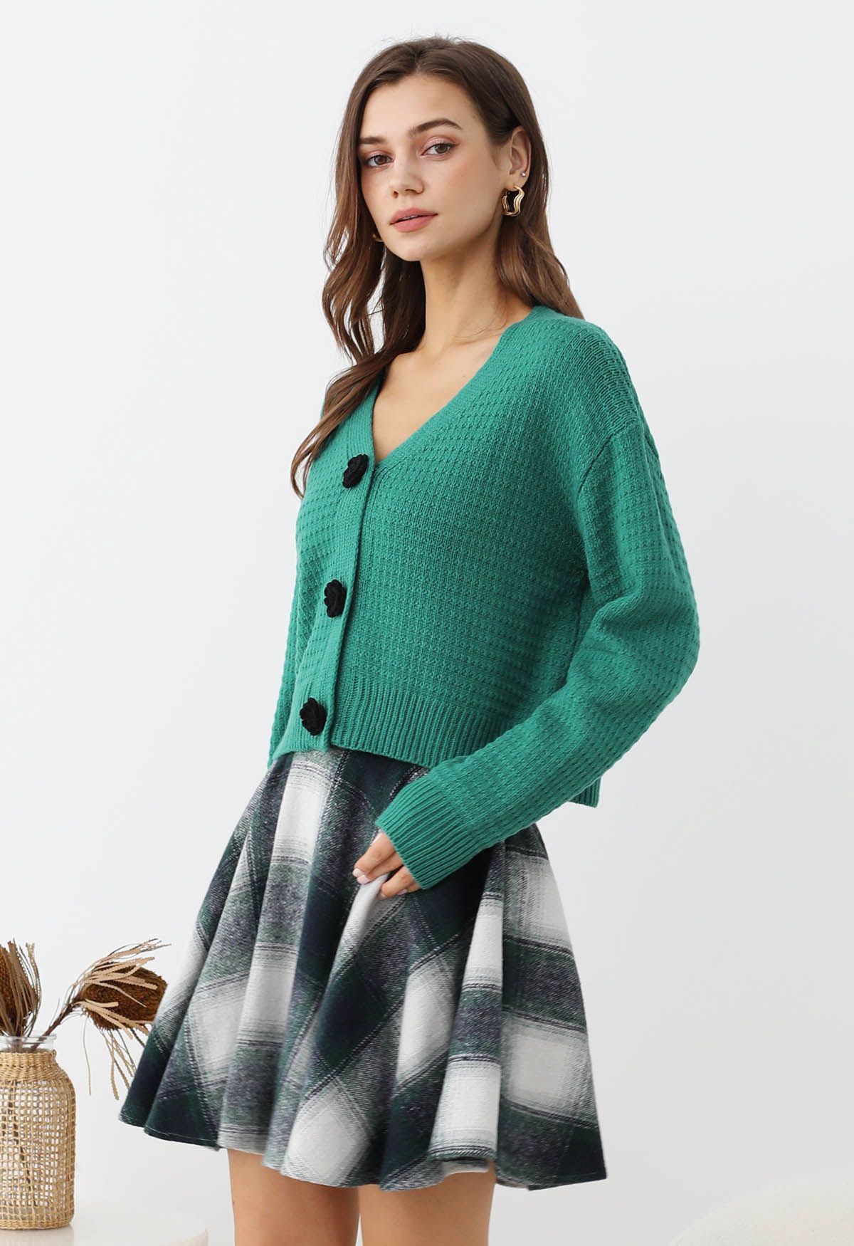 Warm Wishes Plaid Flare Mini Skirt in Dark Green