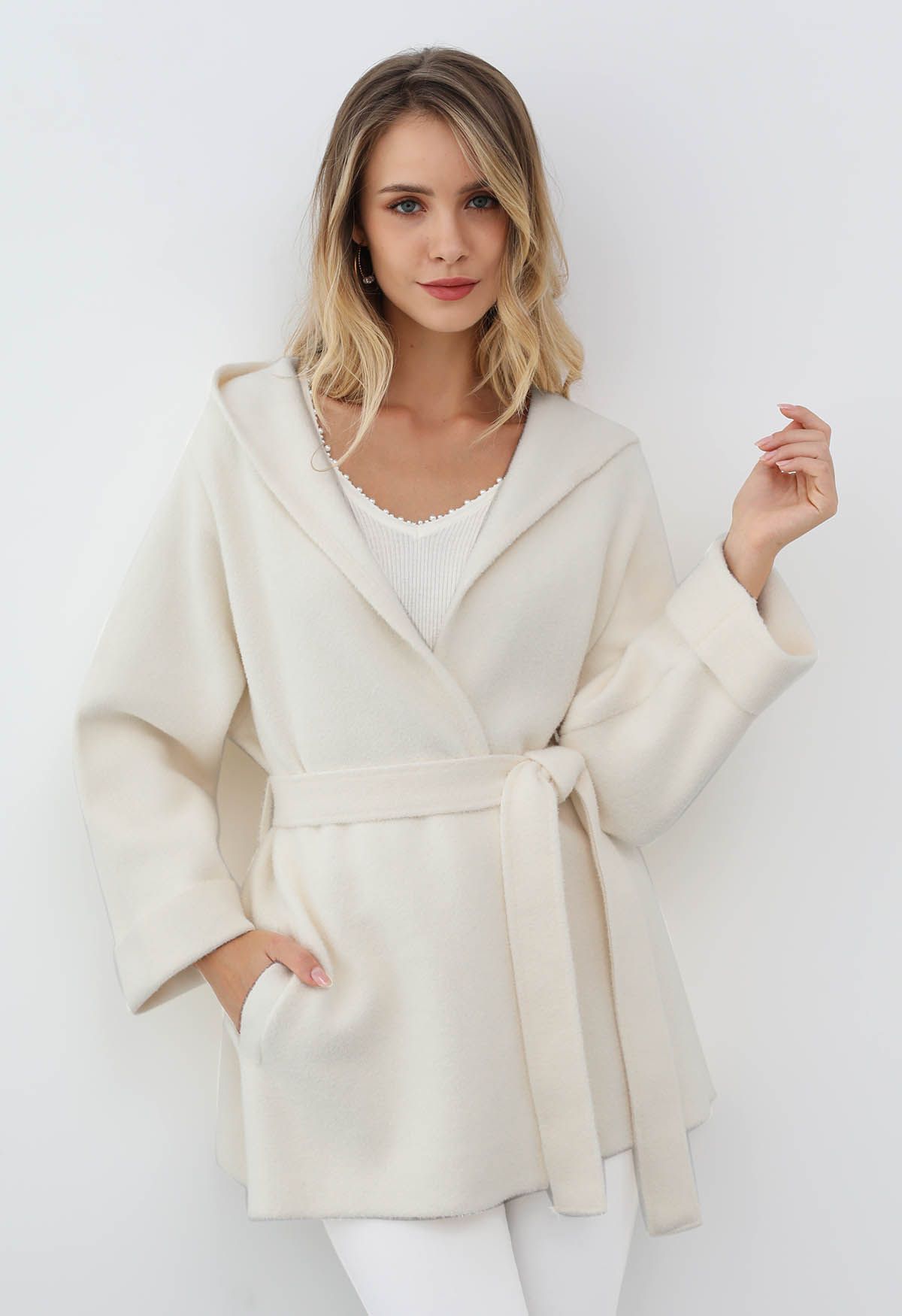 Tender Touch Belted Hooded Knit Coat in Ivory