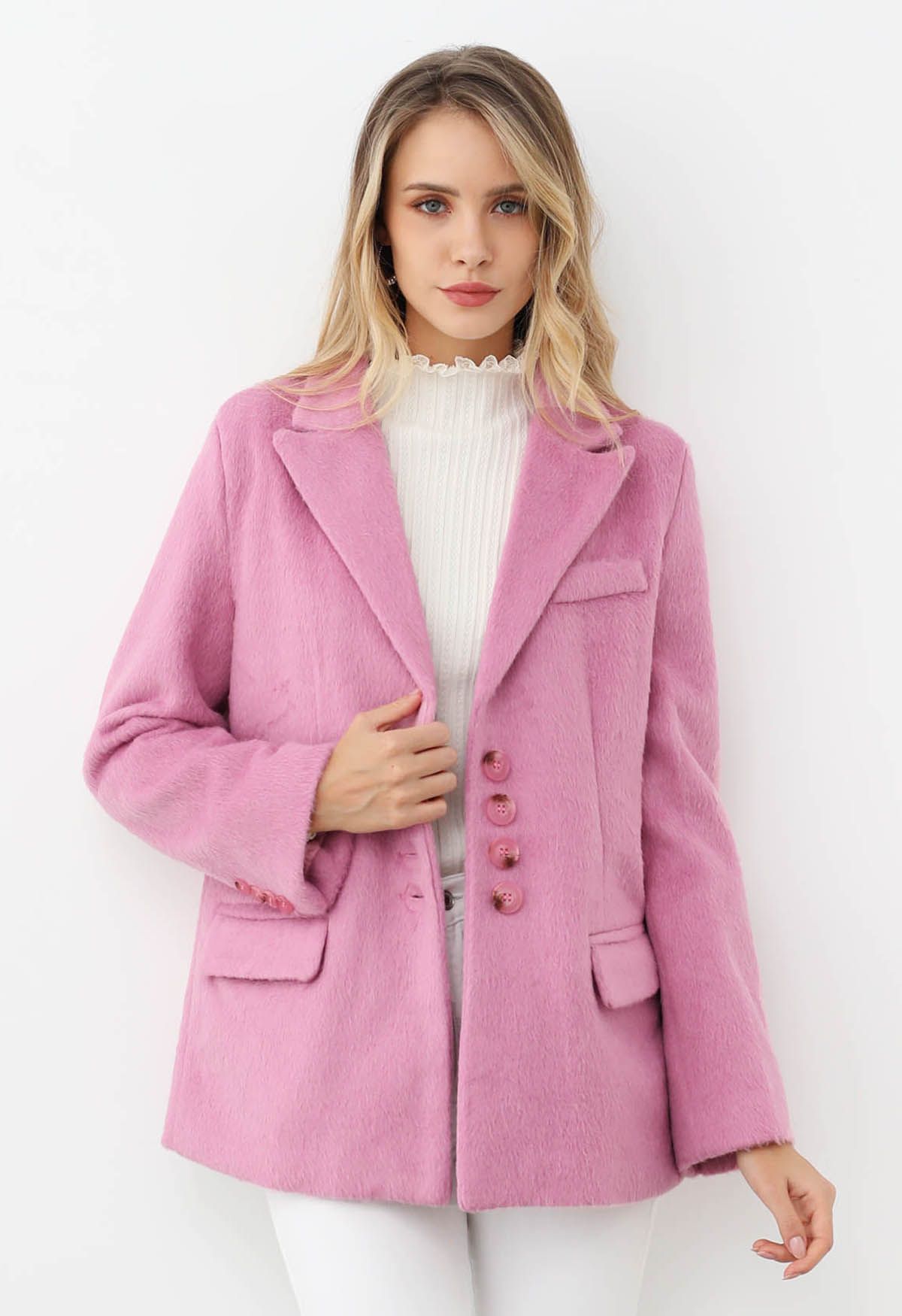 Peak Lapel Buttoned Faux Fur Blazer Coat in Candy Pink