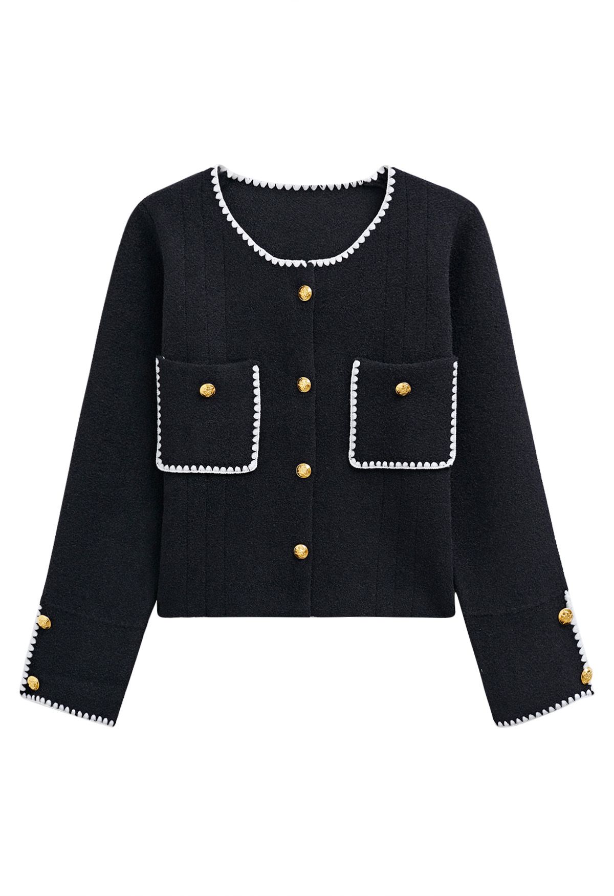 Contrast Whipstitch-Trimmed Buttoned Knit Cardigan in Black