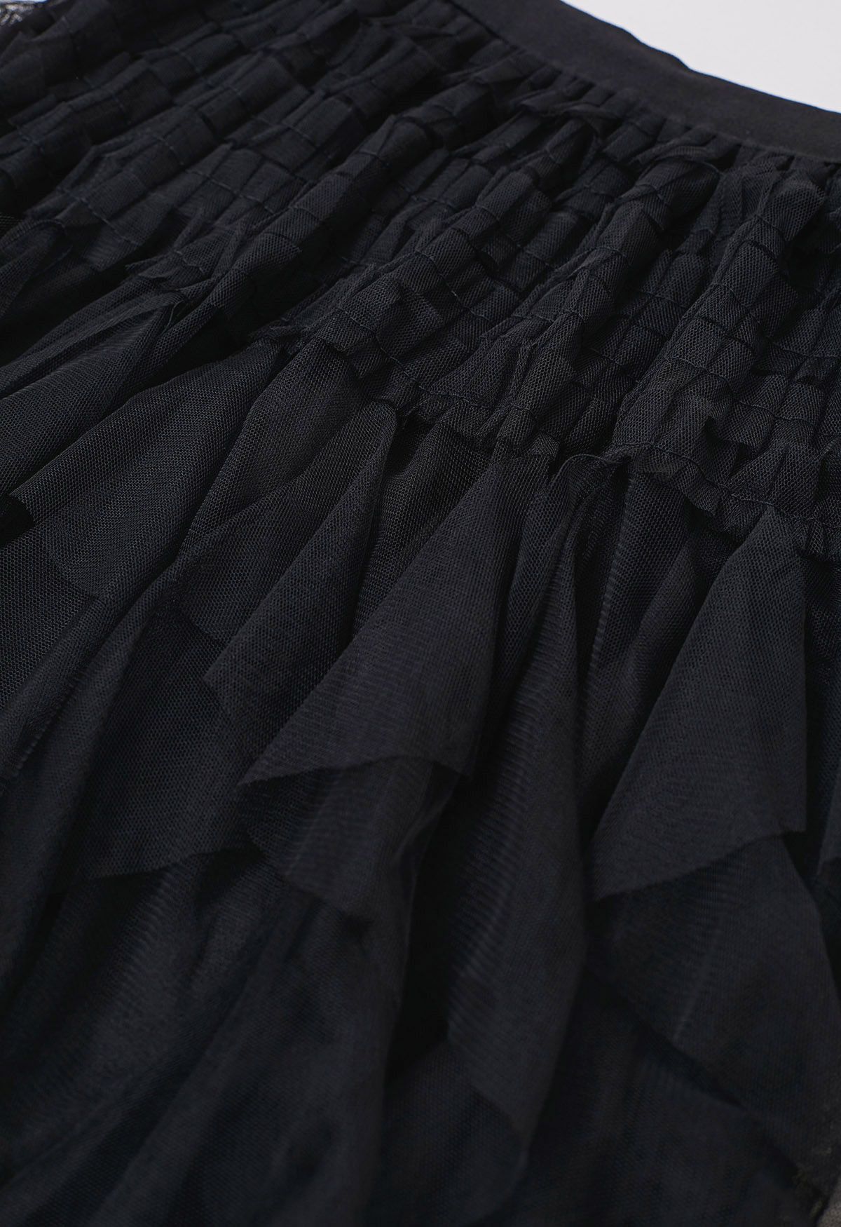 Ruffle Panelled Mesh Tulle Midi Skirt in Black