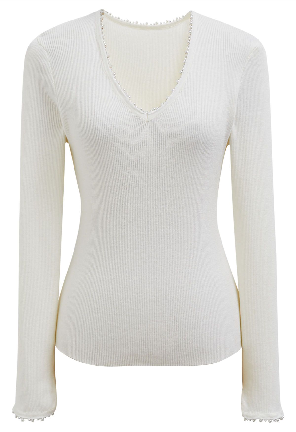 Pearl Decorated Ribbed Knit Top in Ivory