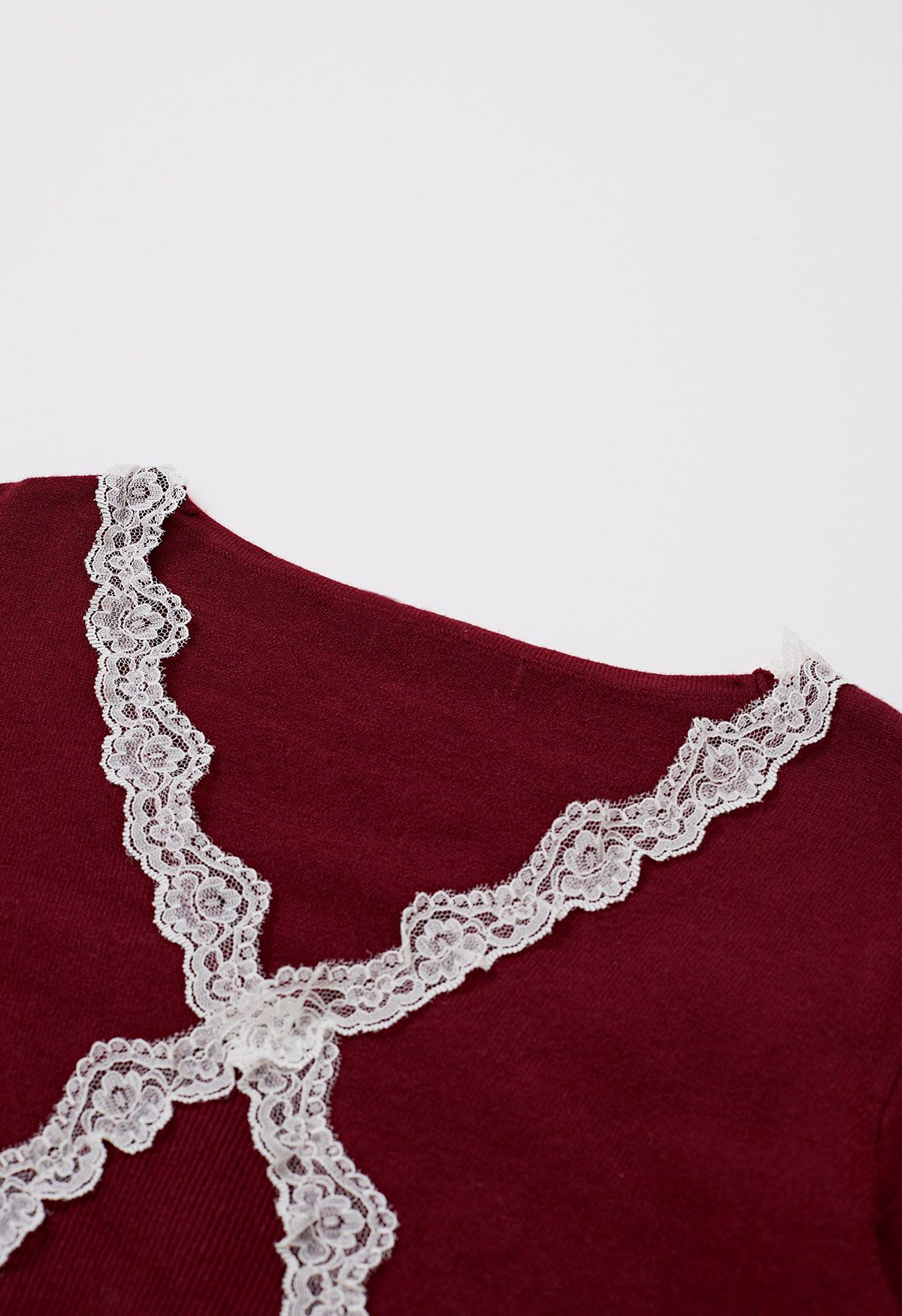 Lace Trim V-Neck Knit Top in Red