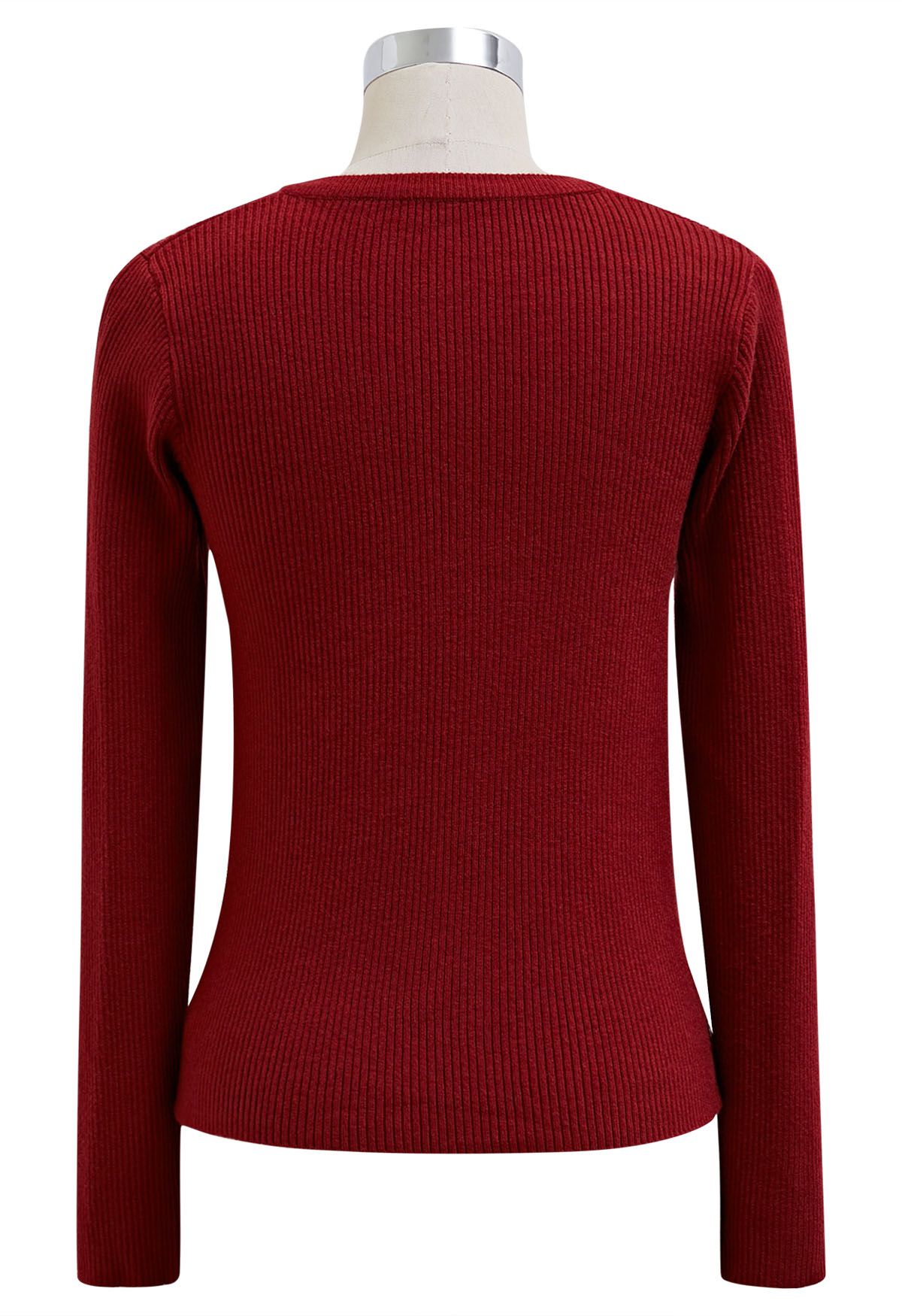 Chic Sense Button-Up Ribbed Knit Cardigan in Red