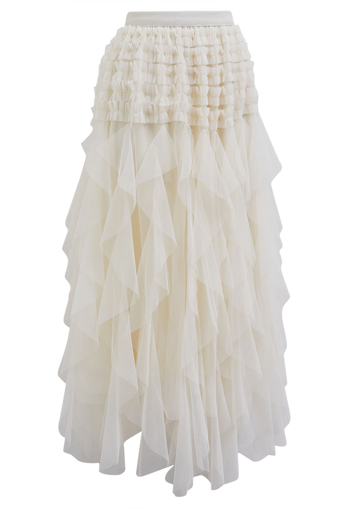 Ruffle Panelled Mesh Tulle Midi Skirt in Ivory