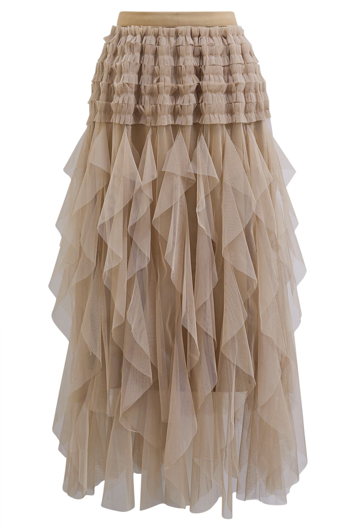 Ruffle Panelled Mesh Tulle Midi Skirt in Light Tan