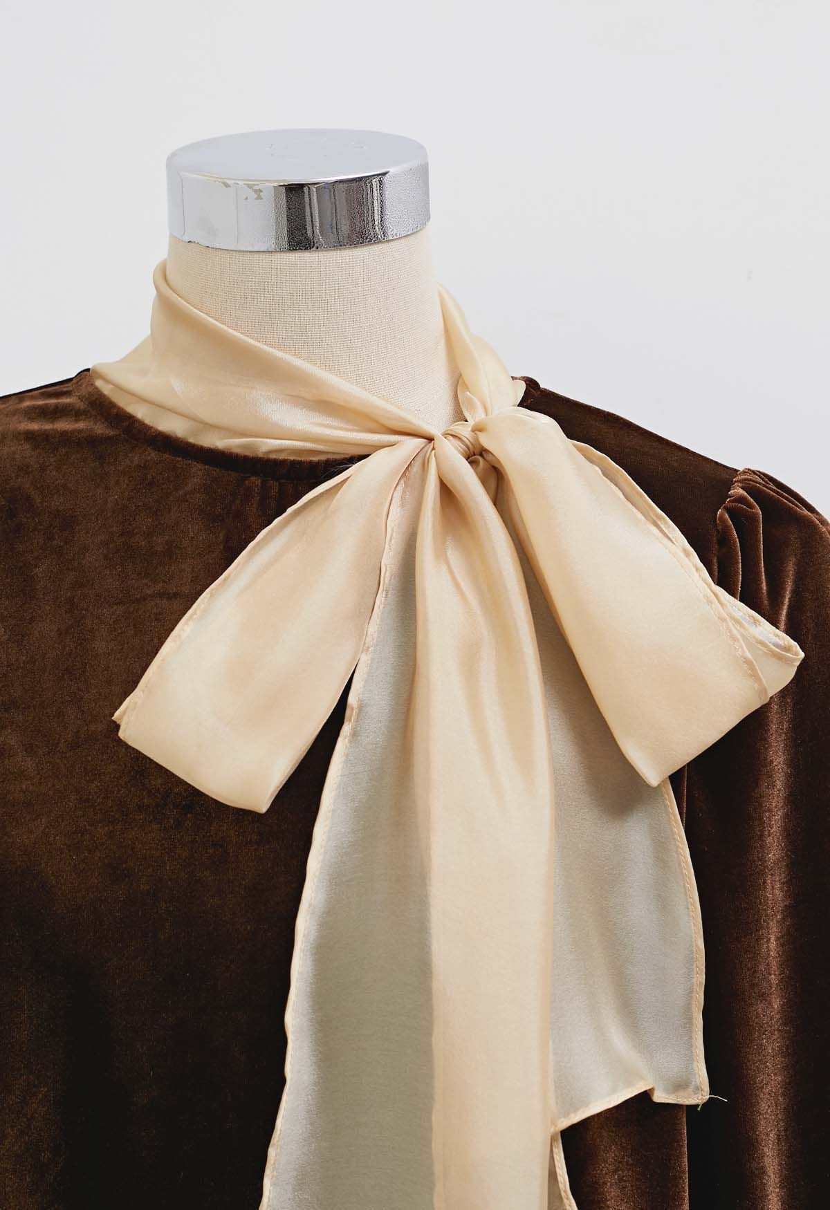 Organza Self-Tie Bowknot Velvet Top in Brown