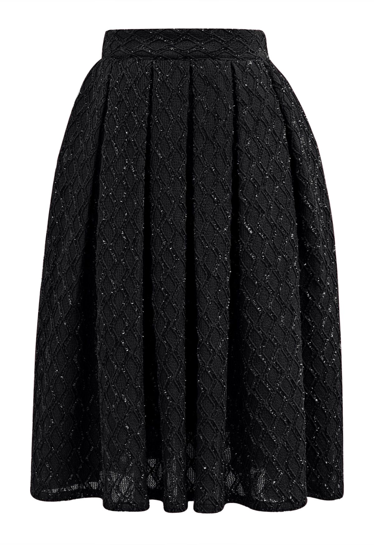 Fringed Zigzag Box Pleat Midi Skirt in Black