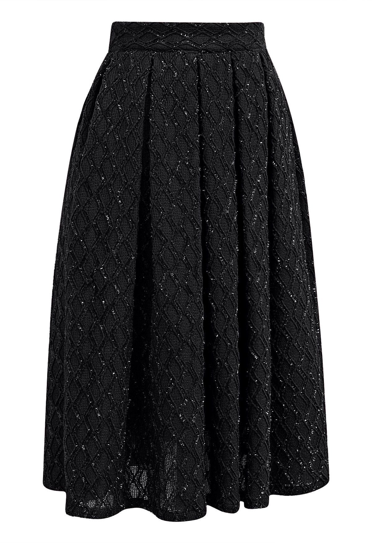 Fringed Zigzag Box Pleat Midi Skirt in Black