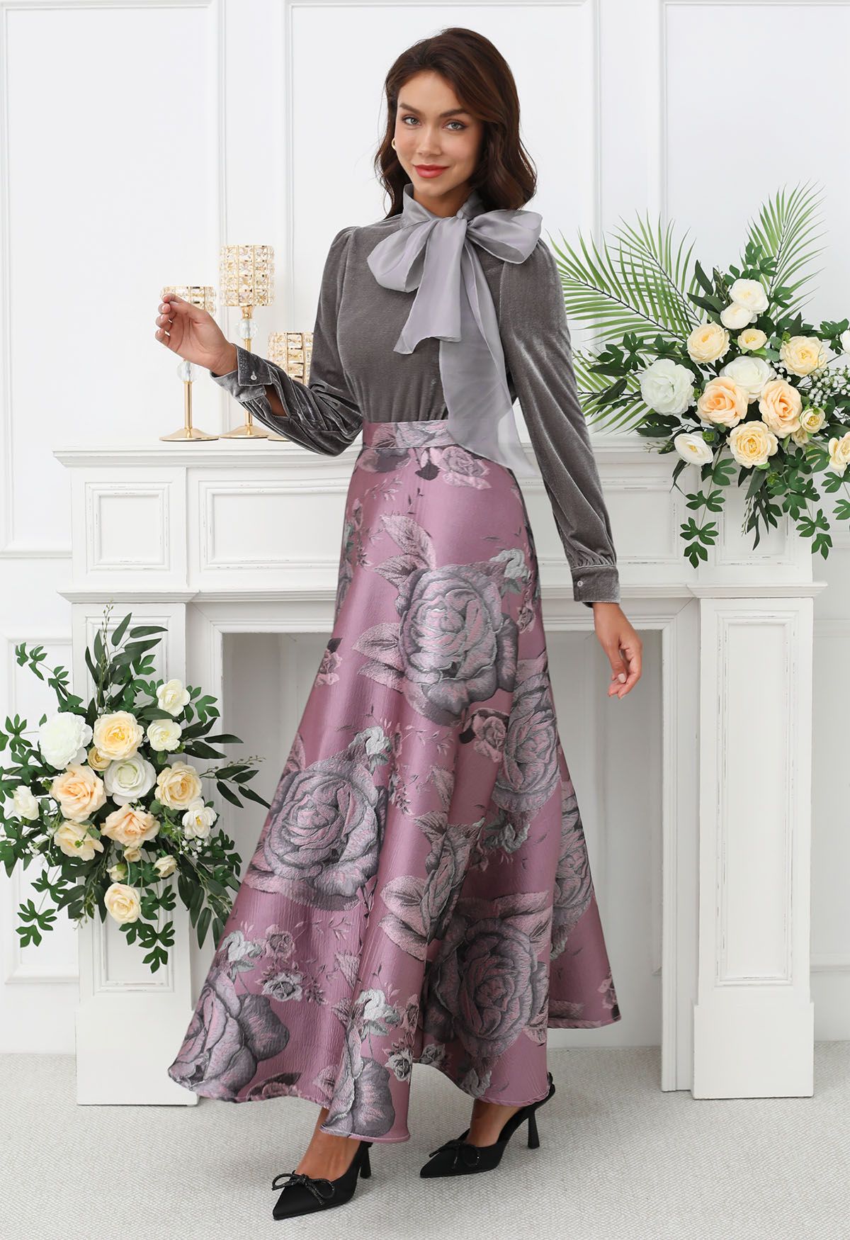 Full-Bloomed Rose Jacquard A-Line Maxi Skirt