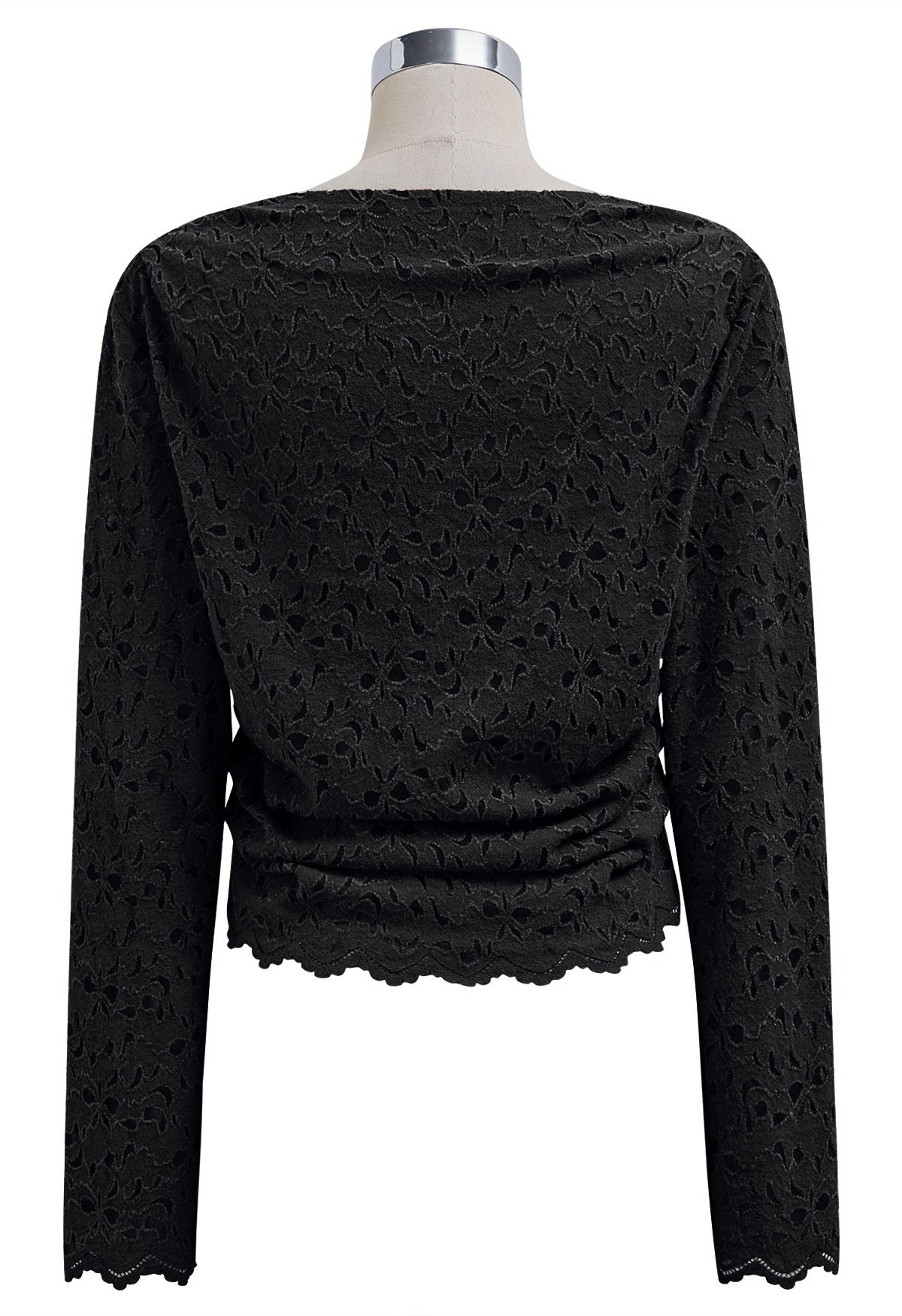 Floral Cutwork Boat Neck Mesh Top in Black