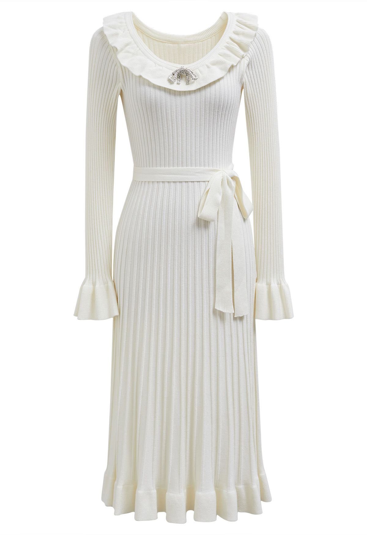 Ruffle Charm Tie Sash Ribbed Knit Dress in White