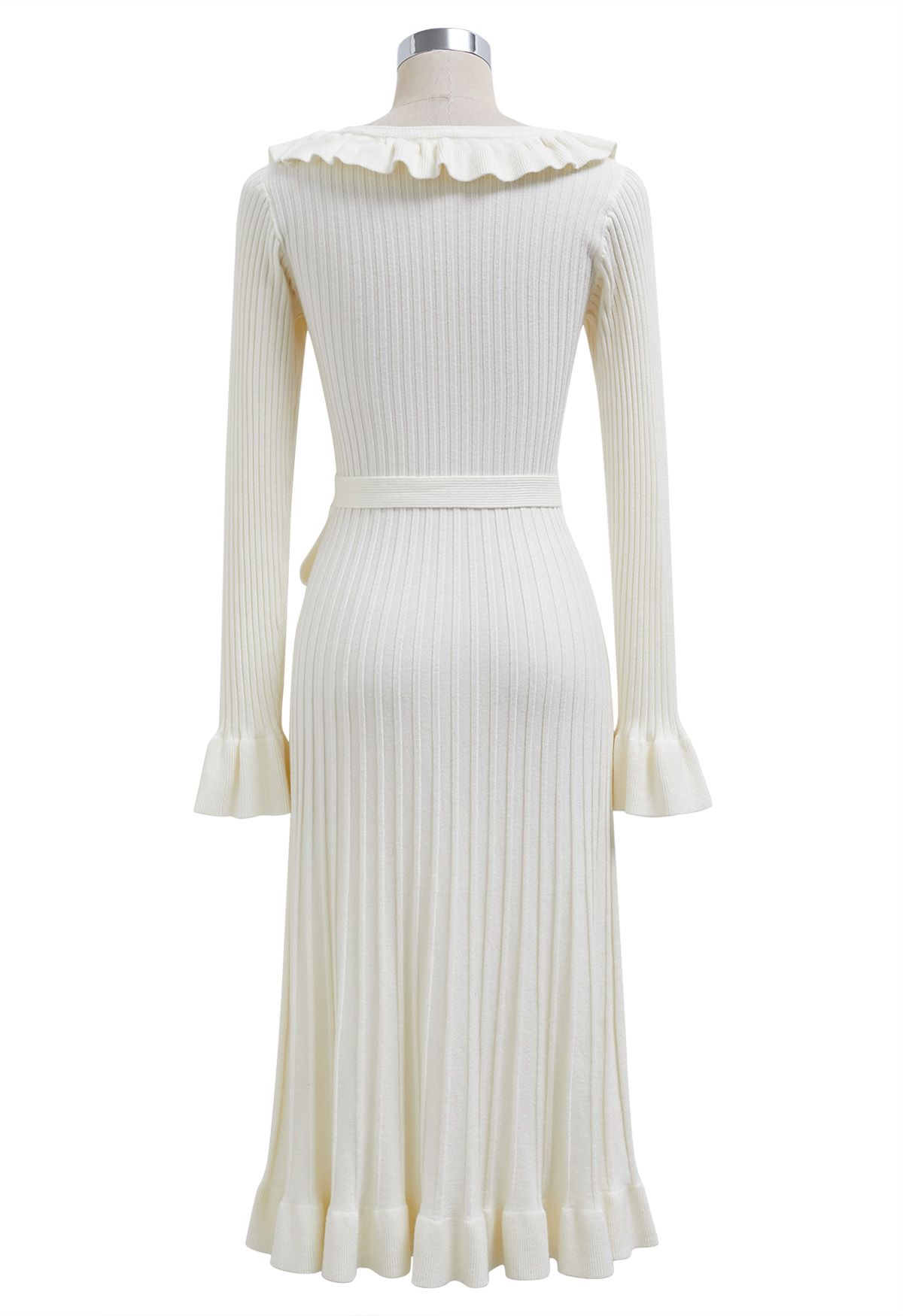 Ruffle Charm Tie Sash Ribbed Knit Dress in White