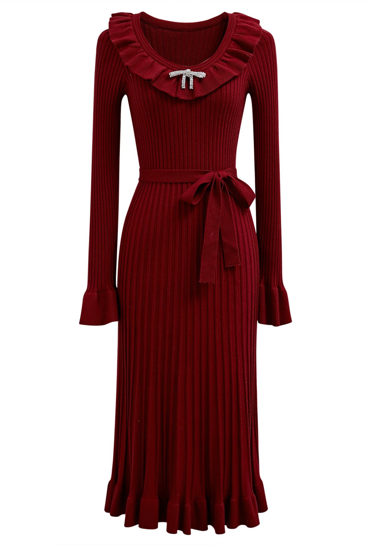 Ruffle Charm Tie Sash Ribbed Knit Dress in Red