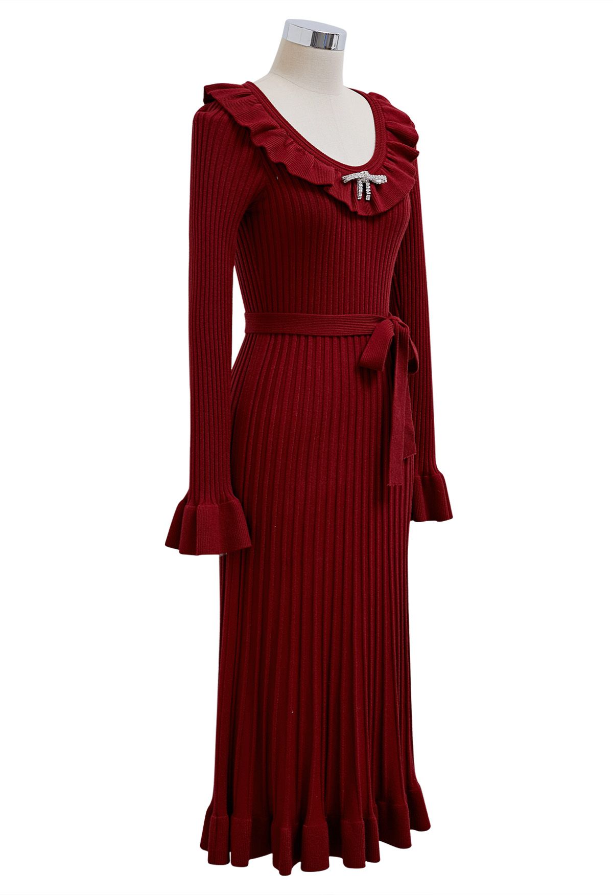 Ruffle Charm Tie Sash Ribbed Knit Dress in Red