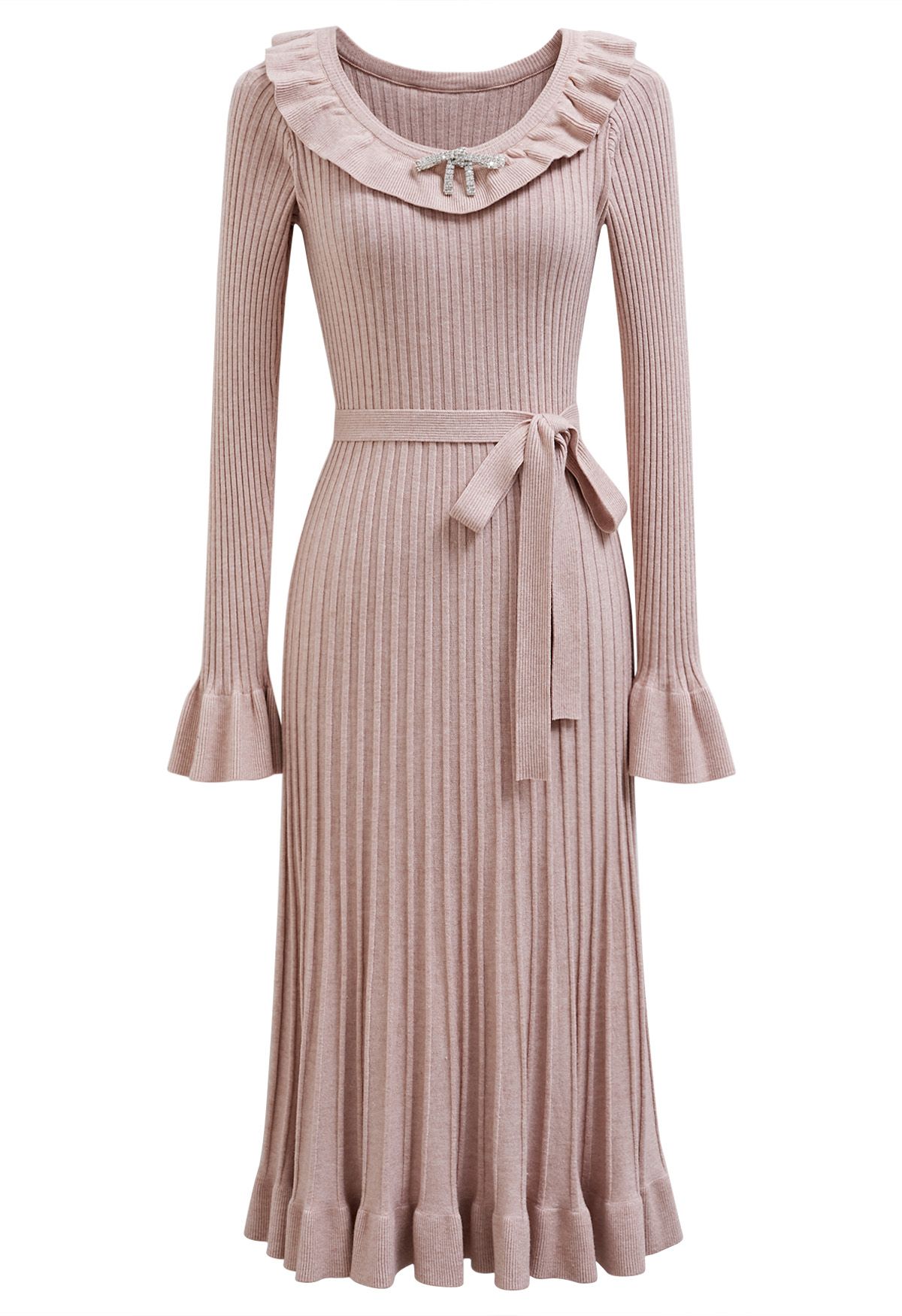 Ruffle Charm Tie Sash Ribbed Knit Dress in Dusty Pink