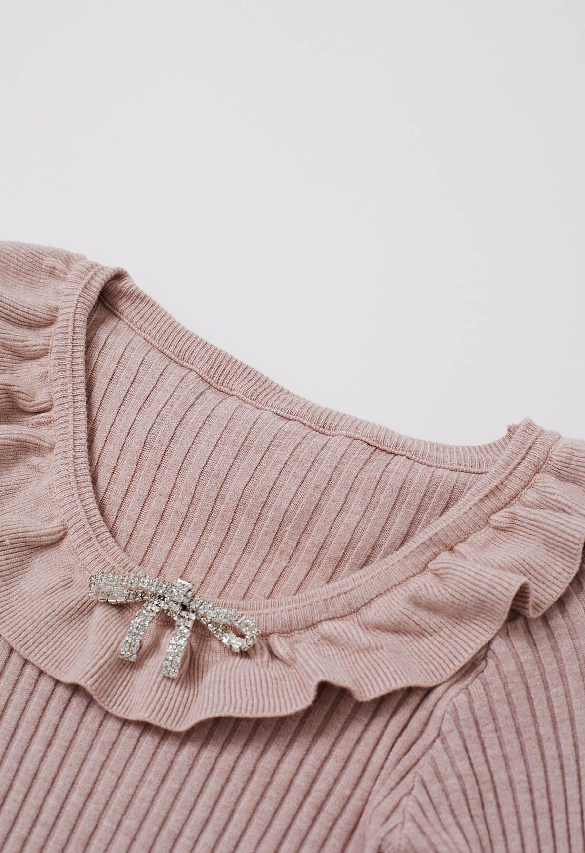 Ruffle Charm Tie Sash Ribbed Knit Dress in Dusty Pink