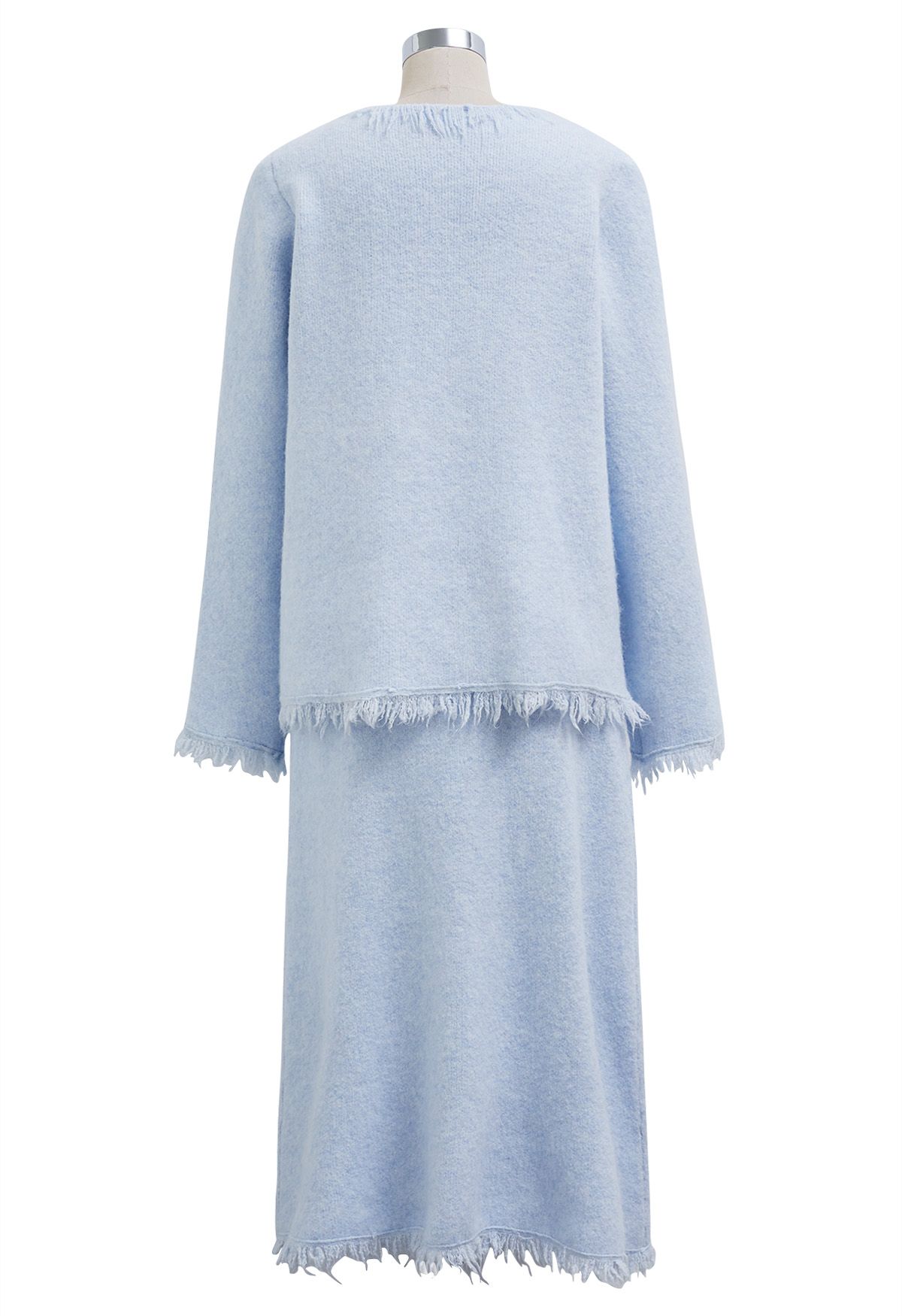 Tassel Trim Knit Cardigan and Skirt Set in Baby Blue