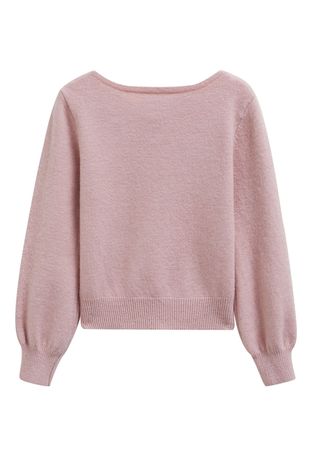 Bowknot-Trimmed Boat Neck Knit Sweater in Pink