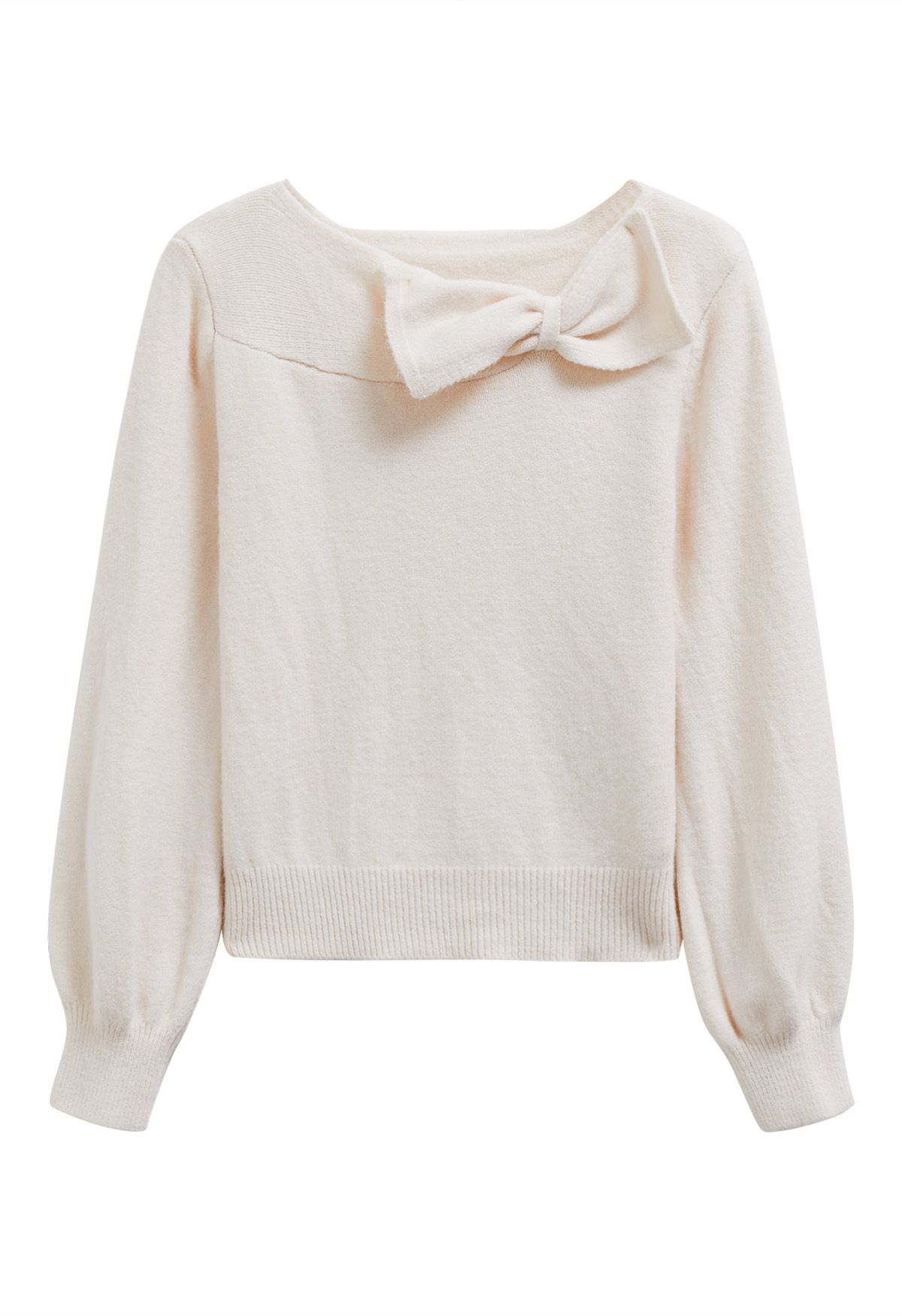 Bowknot-Trimmed Boat Neck Knit Sweater in Ivory