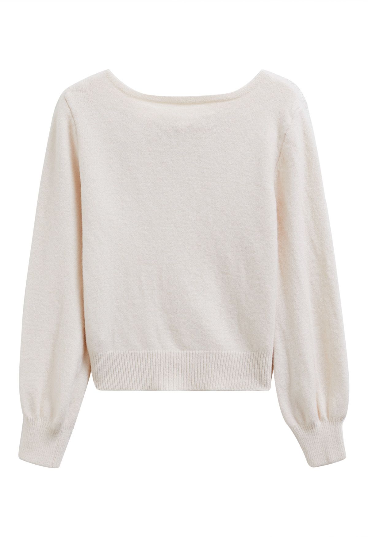 Bowknot-Trimmed Boat Neck Knit Sweater in Ivory