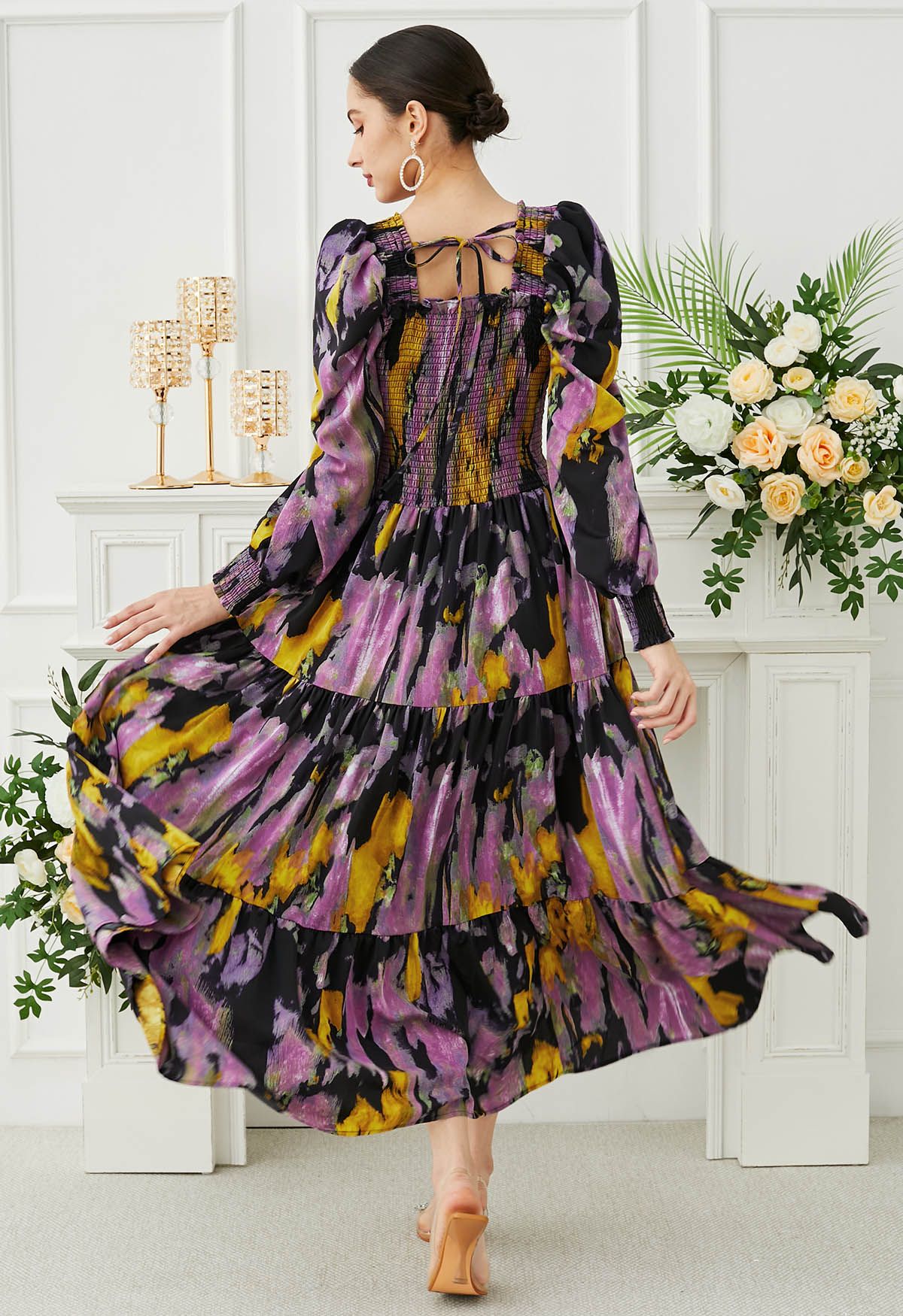 Painting Floral Puff Sleeves Shirred Maxi Dress