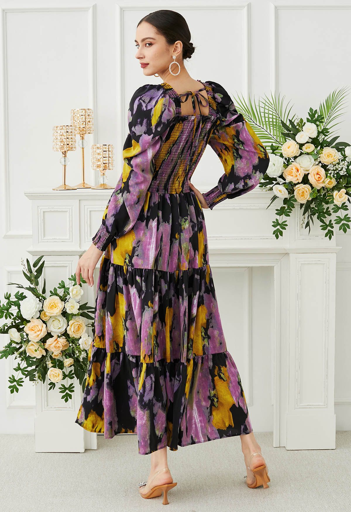 Painting Floral Puff Sleeves Shirred Maxi Dress