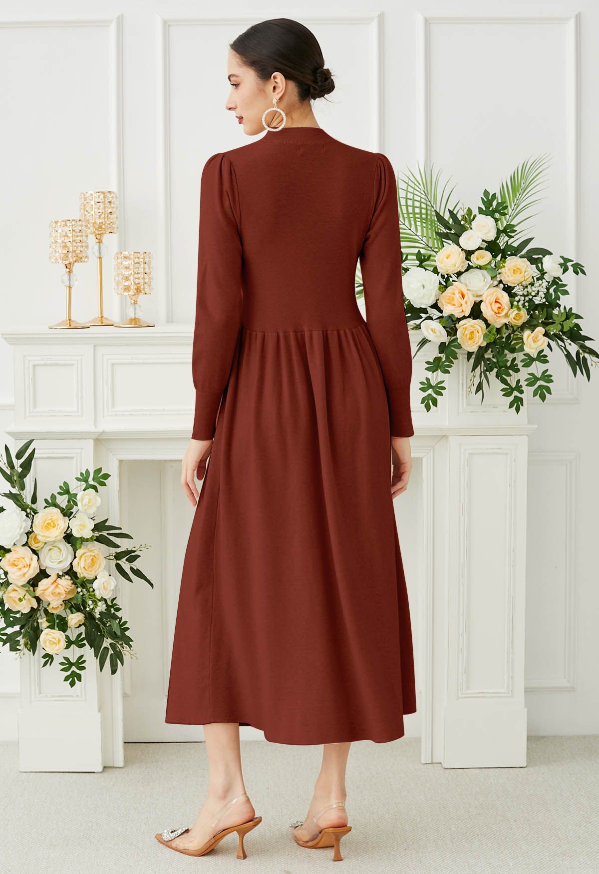 Floral Decor Cut-Out Ribbed Knit Midi Dress in Burgundy