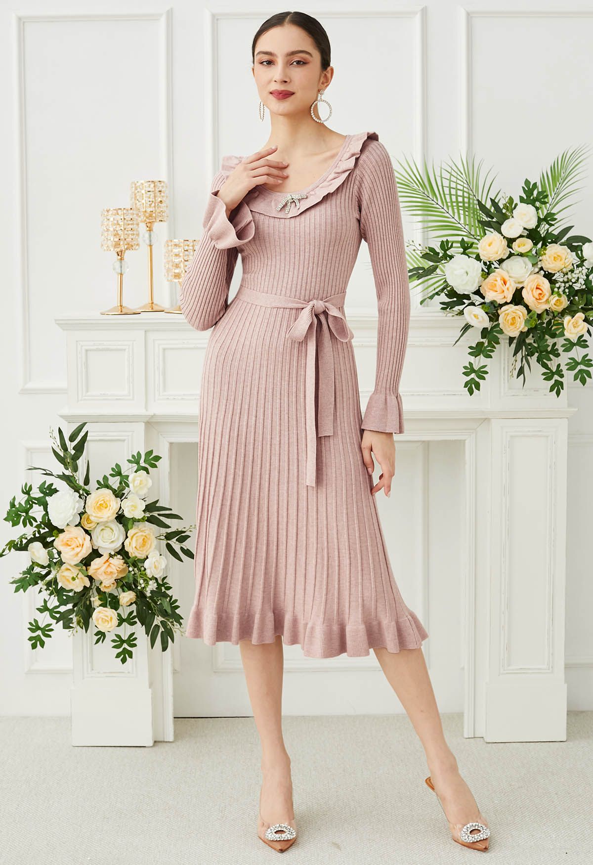 Ruffle Charm Tie Sash Ribbed Knit Dress in Dusty Pink