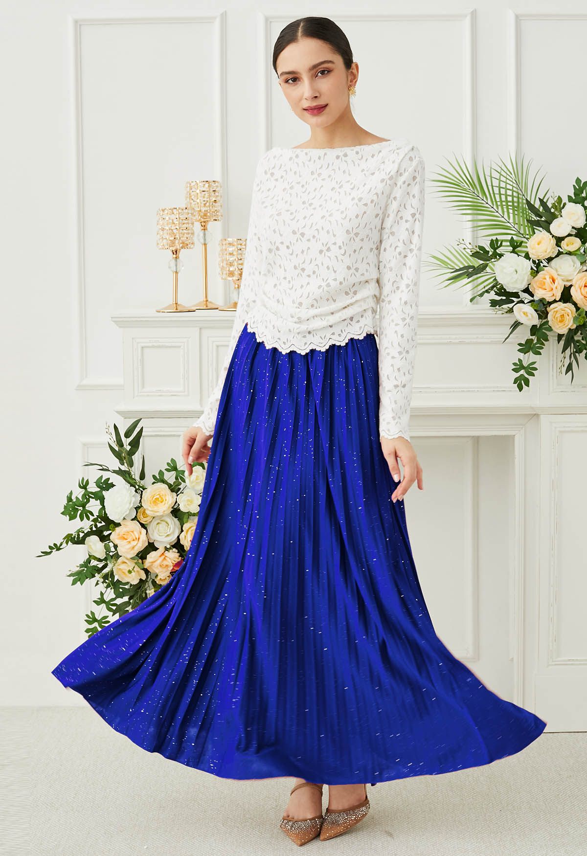 Twinkling Night Pleated Maxi Skirt in Indigo