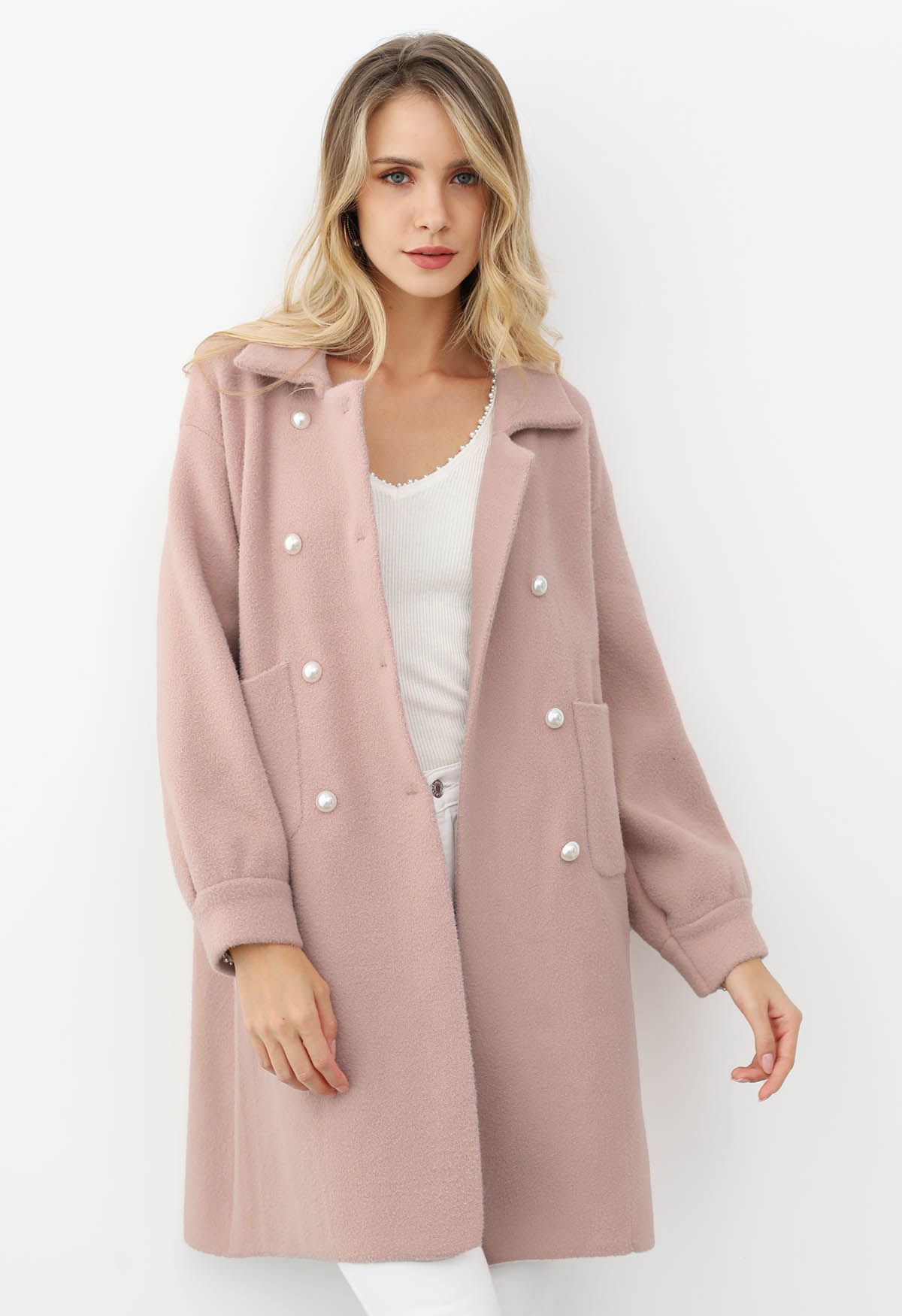 Pearl Double-Breasted Knit Coat in Dusty Pink