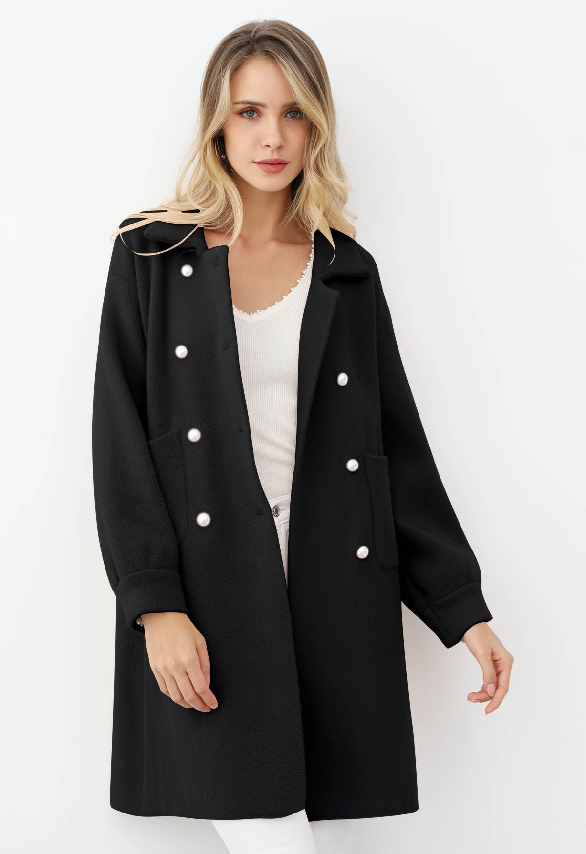 Pearl Double-Breasted Knit Coat in Black