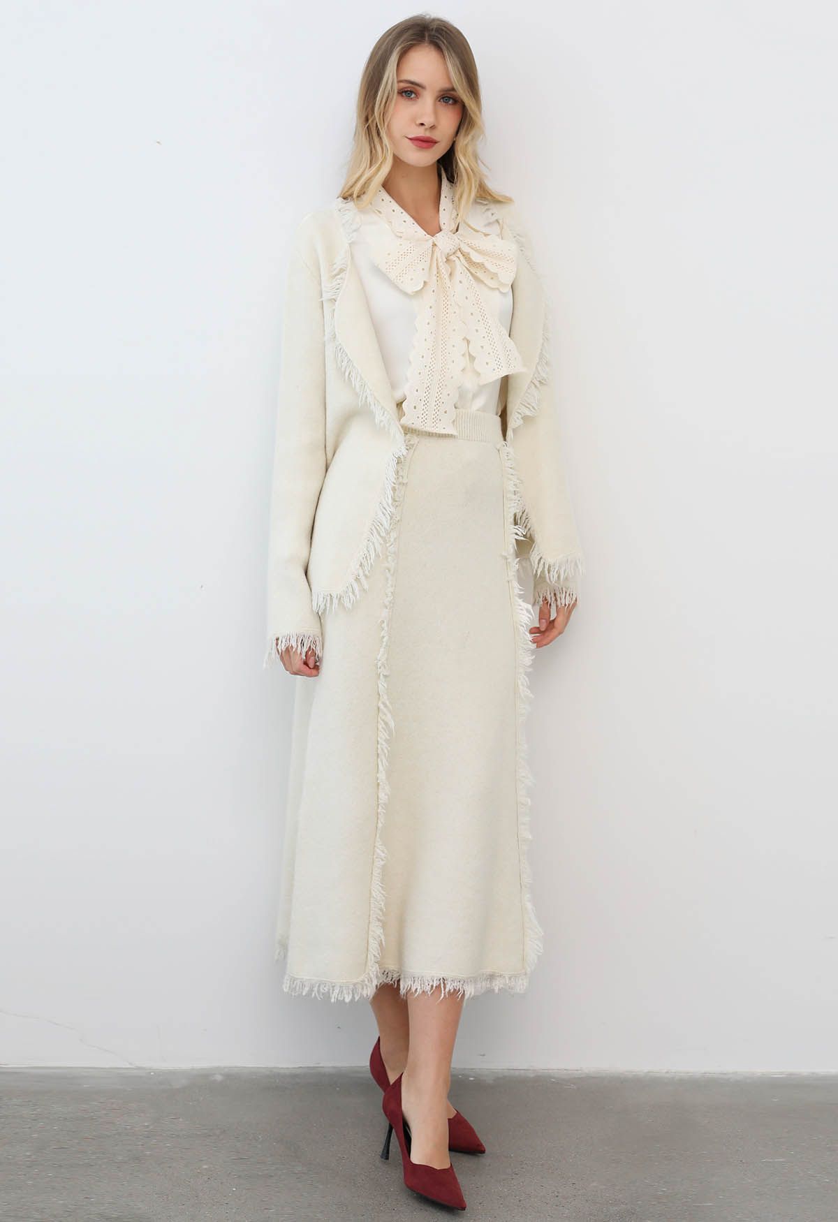 Tassel Trim Knit Cardigan and Skirt Set in Ivory