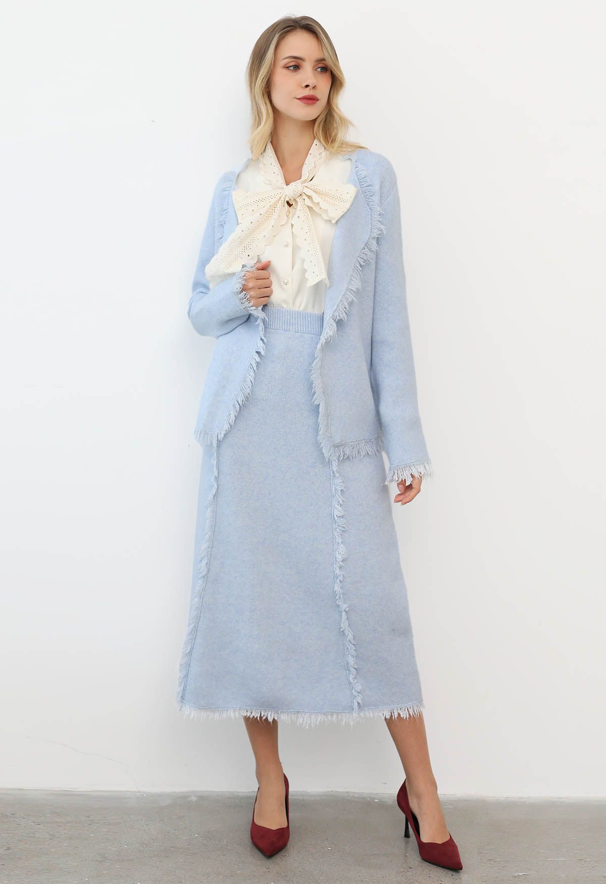 Tassel Trim Knit Cardigan and Skirt Set in Baby Blue