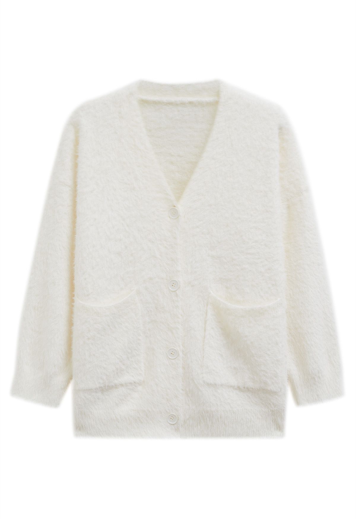 Patch Pocket Button Down Fluffy Knit Cardigan in White