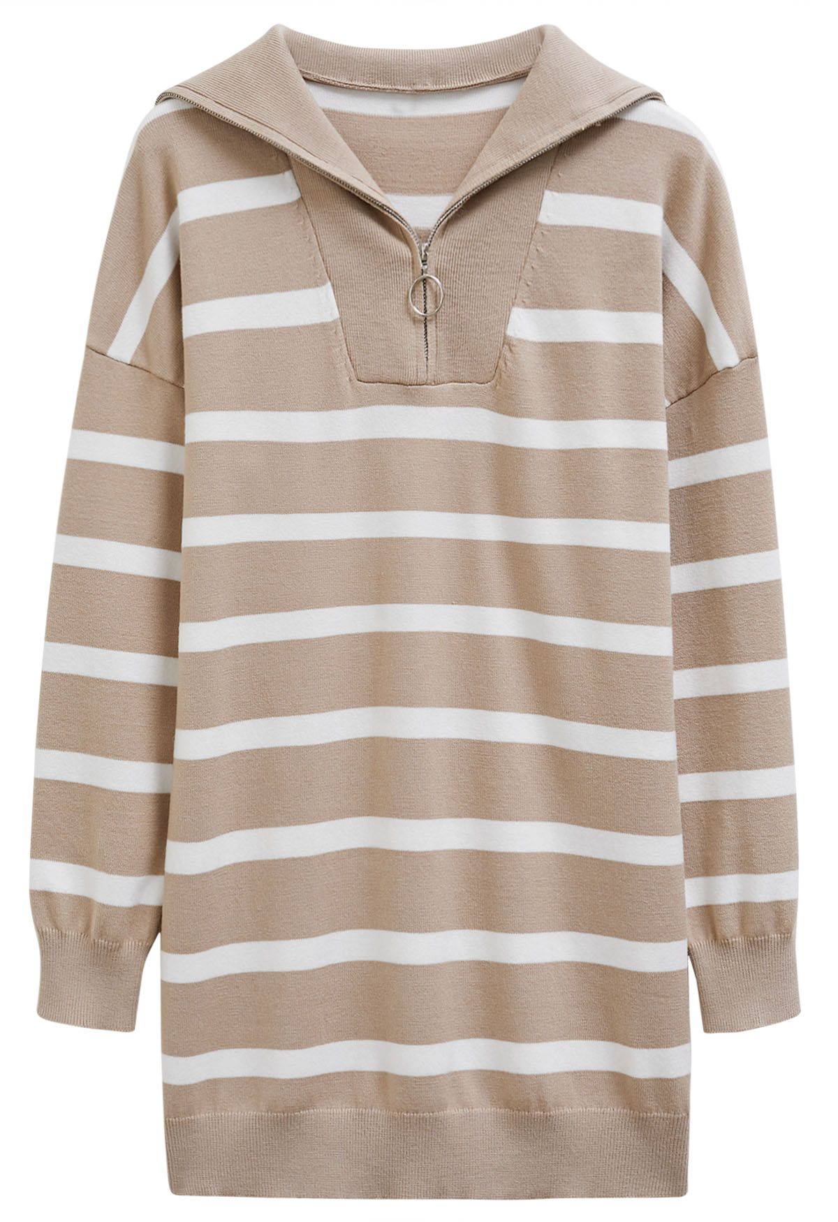 Broad-Striped Zipper Neck Knit Mini Dress in Camel